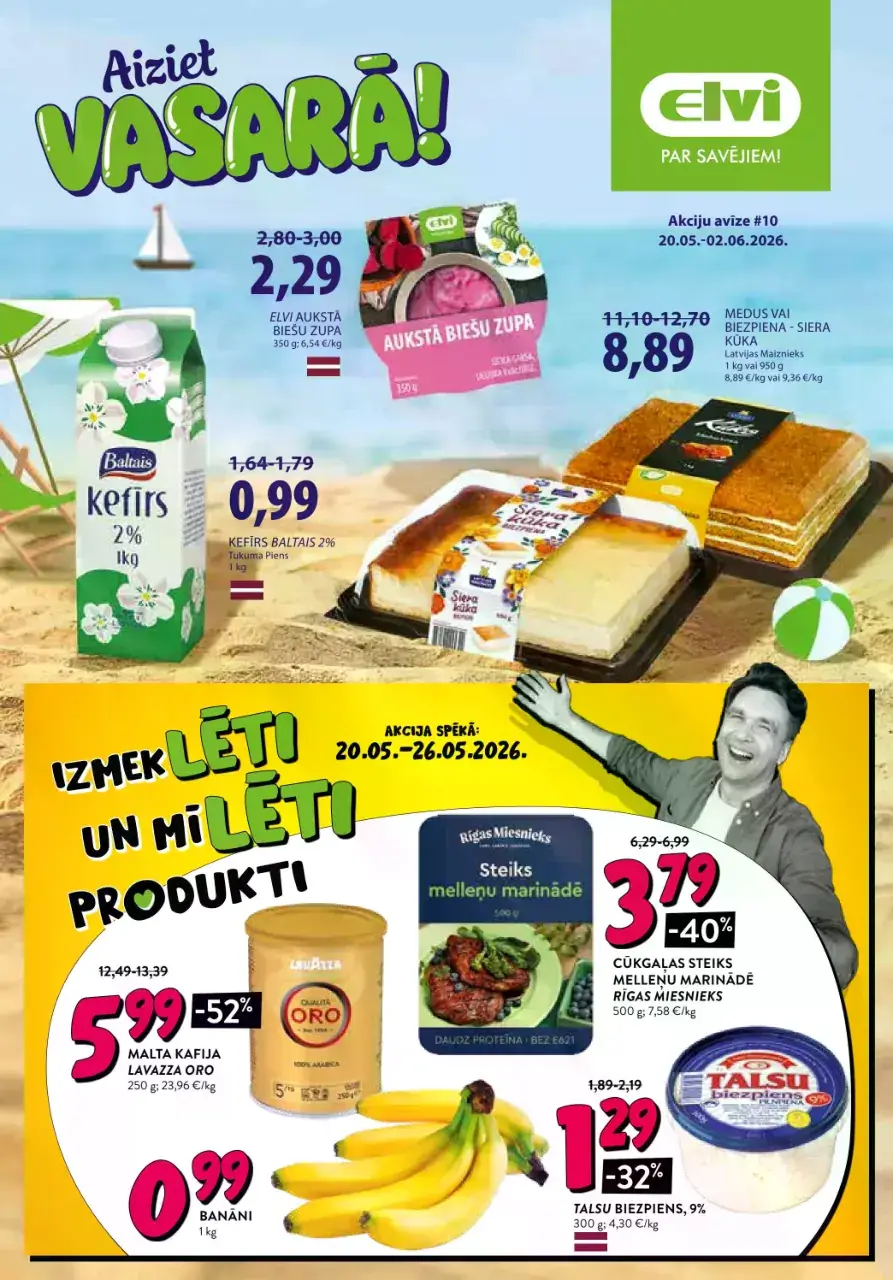 ELVI akcijas buklets 20.05.–02.06.2026. ar kefīra, aukstās biešu zupas, kafijas, banānu un gaļas akcijām