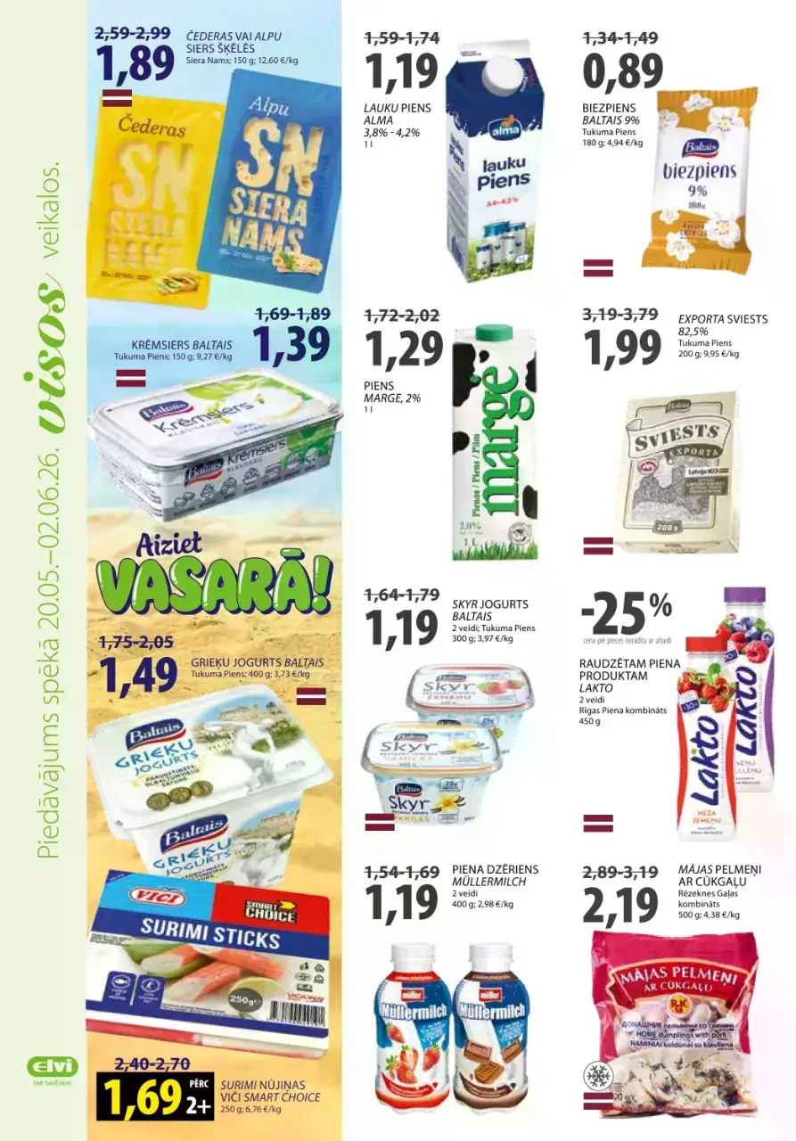 ELVI piena produktu akcijas ar sieru, pienu, biezpienu, sviestu un jogurtiem