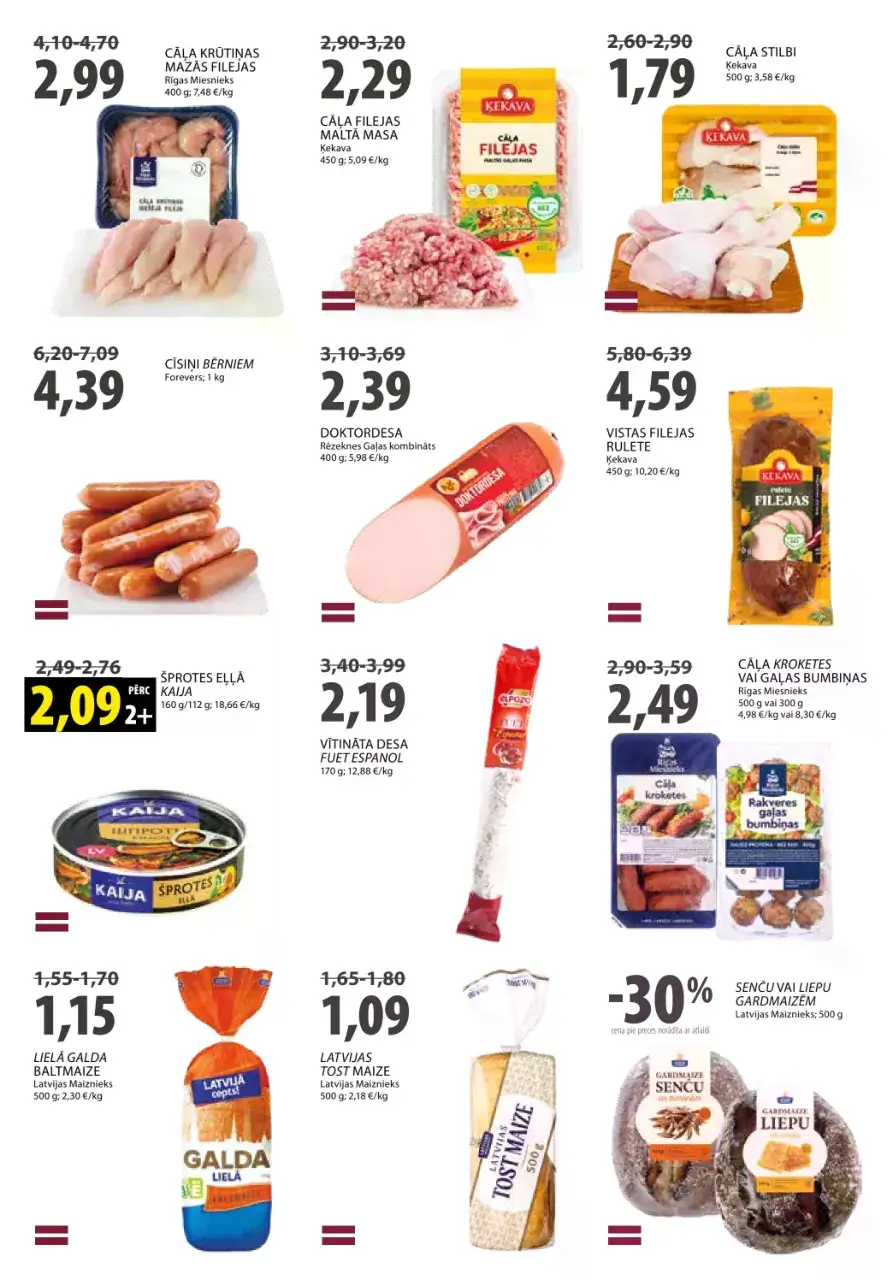 ELVI gaļas un zivju akcijas ar cāļa fileju, cīsiņiem, doktordesu, tunci un šprotēm