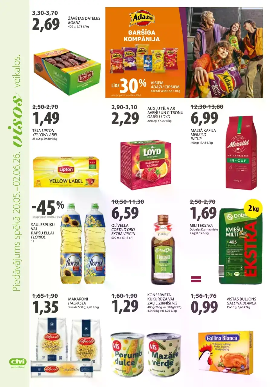 ELVI ikdienas pārtikas akcijas ar tēju, kafiju, eļļu, miltiem un makaroniem