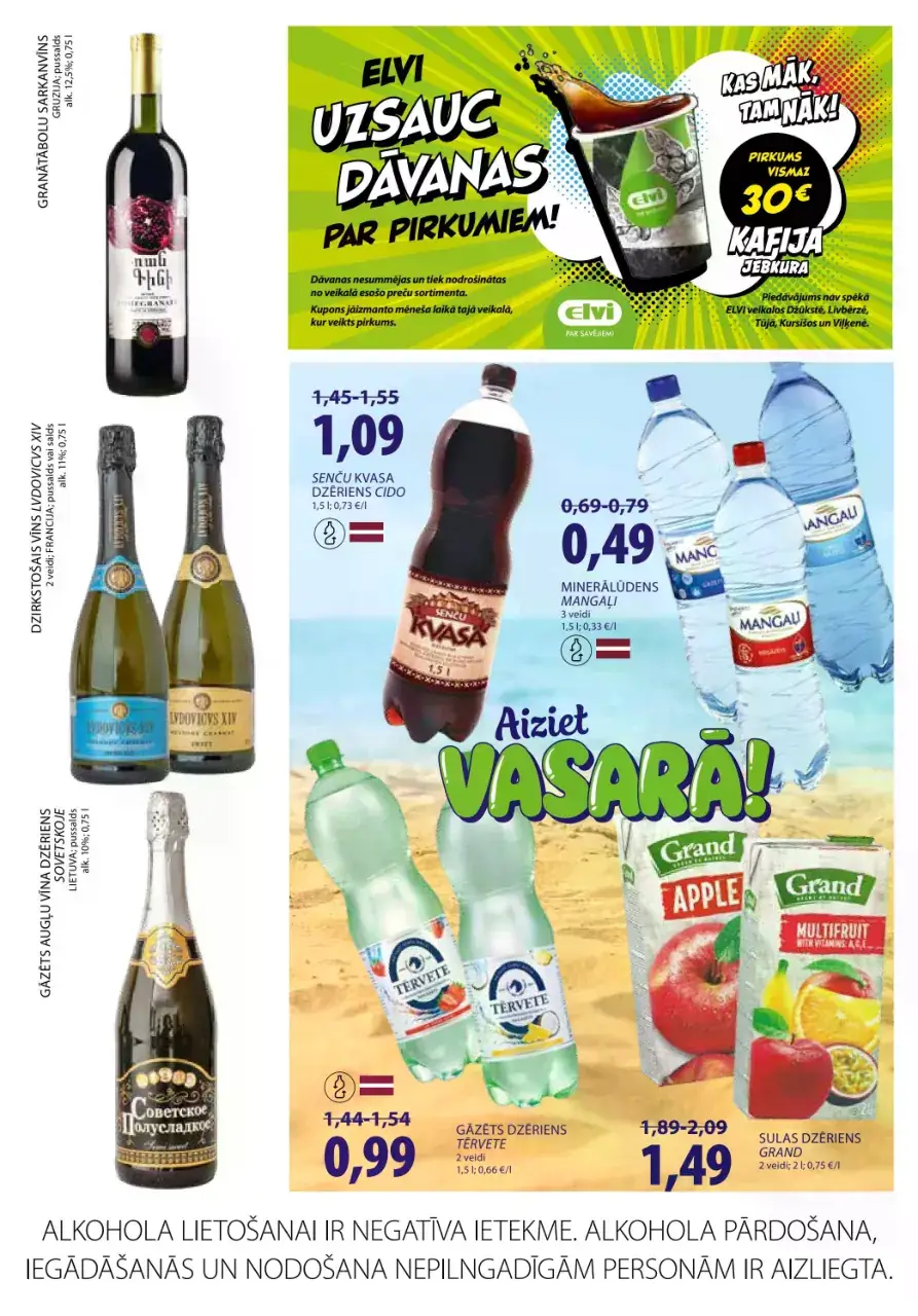 ELVI dzērienu akcijas ar kvasu, minerālūdeni, sulas dzērieniem un gāzētiem dzērieniem