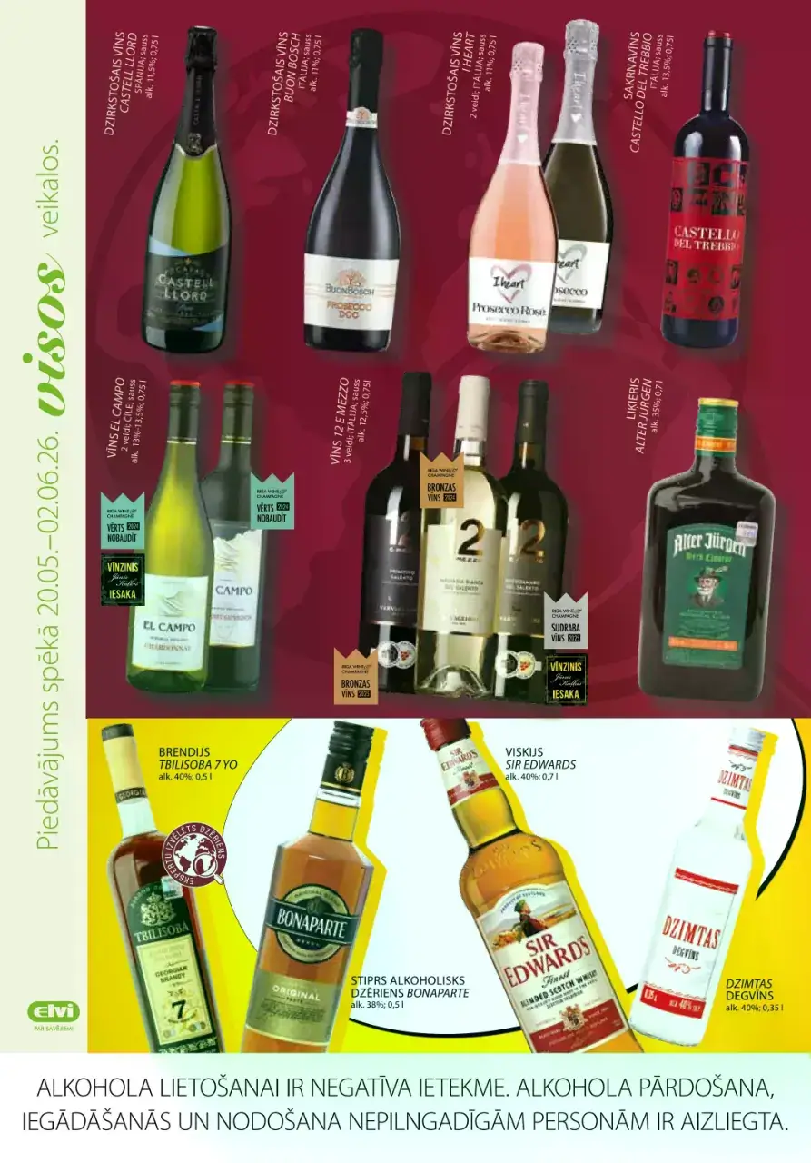 ELVI alkoholisko dzērienu akcijas ar vīniem, brendiju un viskiju