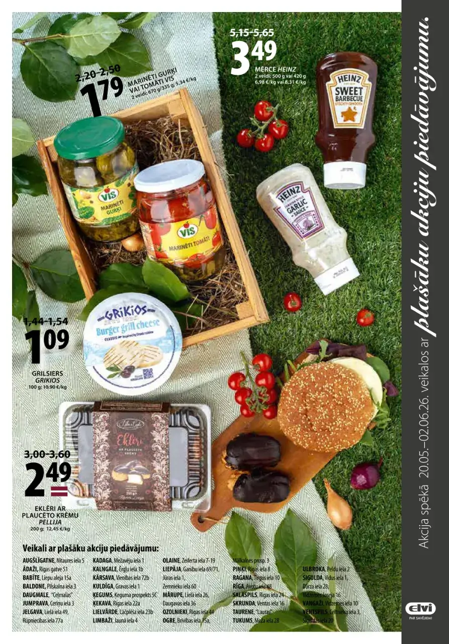 ELVI grila un piknika produktu akcijas ar mērcēm, gurķiem, sieru, plātsmaizi un plēkšņu desertu