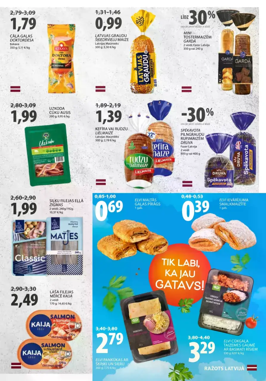 ELVI gatavo maltīšu, siļķu, laša fileju, maizes un speķa pīrādziņu akcijas