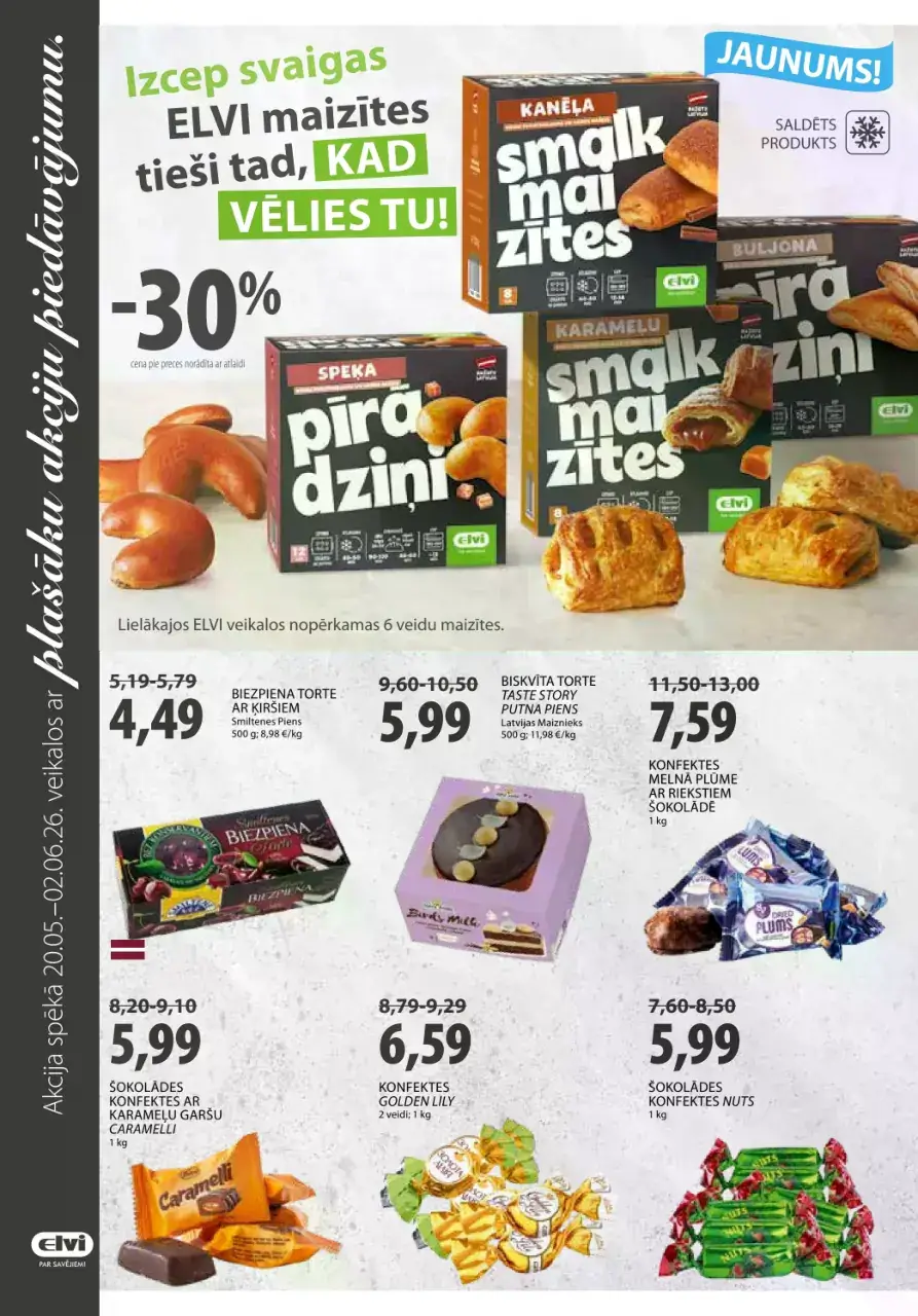 ELVI maizes un konditorejas akcijas ar smalkmaizītēm, tortēm un konfektēm
