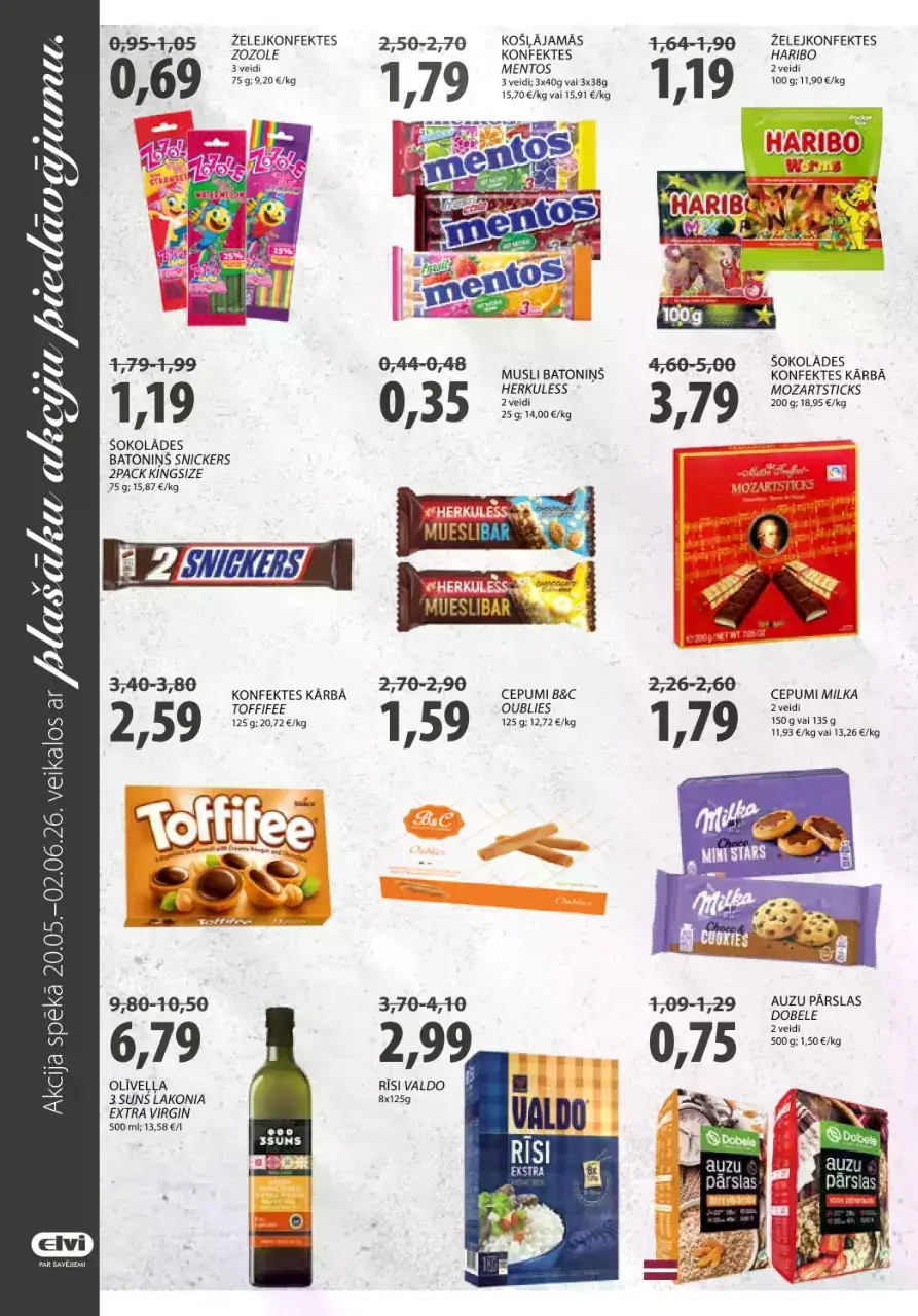 ELVI saldumu un pārtikas akcijas ar Mentos, Haribo, Snickers, Milka, Toffifee, rīsiem un auzu pārslām