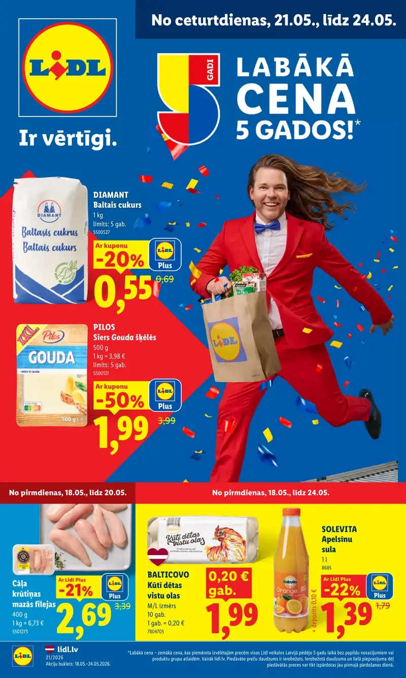 Lidl akcijas buklets 18.05.–24.05.2026. ar cukura, Gouda siera, olu un apelsīnu sulas akcijām