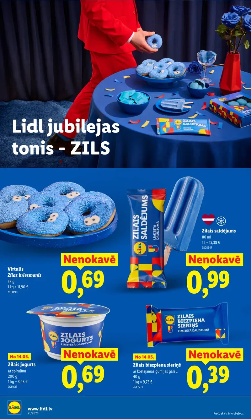 Lidl jubilejas zilie produkti ar zilo jogurtu, saldējumu un biezpiena sieriņiem