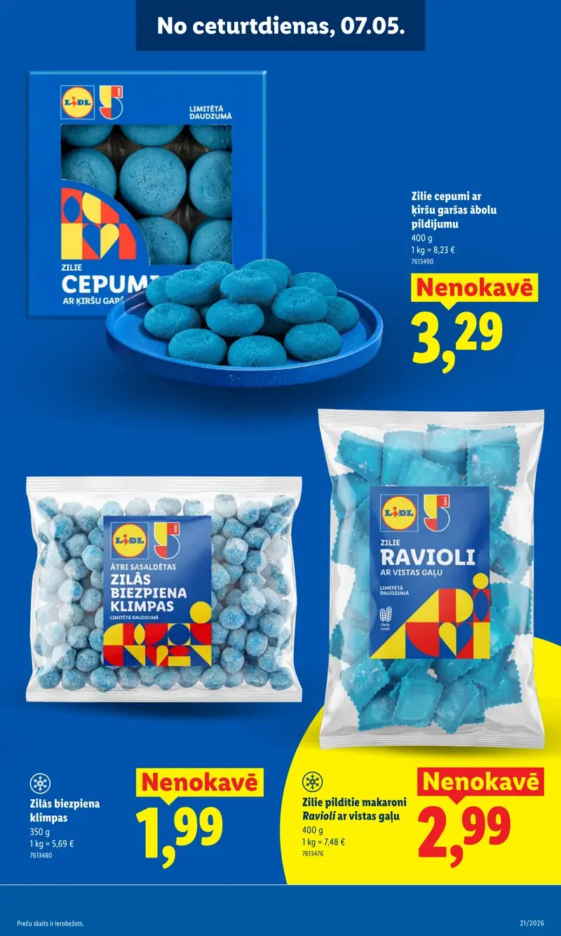 Lidl jubilejas zilie cepumi, ravioli un biezpiena klimpas akcijas