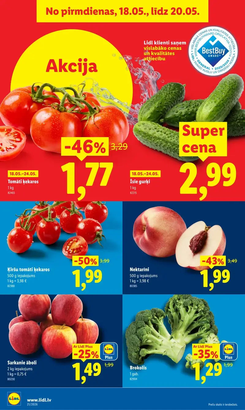Lidl augļu un dārzeņu akcijas ar tomātiem, gurķiem, nektarīniem un brokoļiem