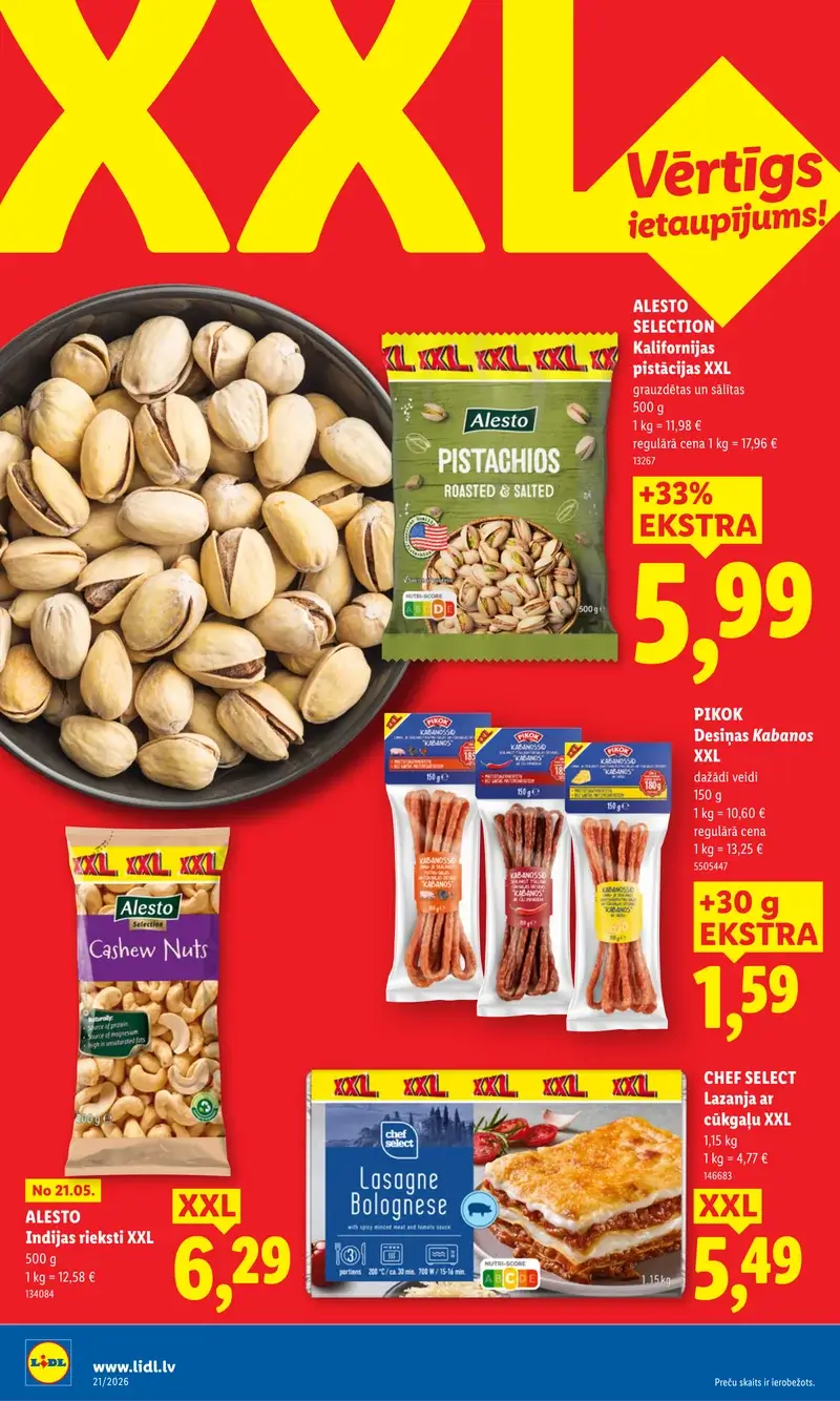 Lidl XXL piedāvājumi ar pistācijām, lazanju un desiņām