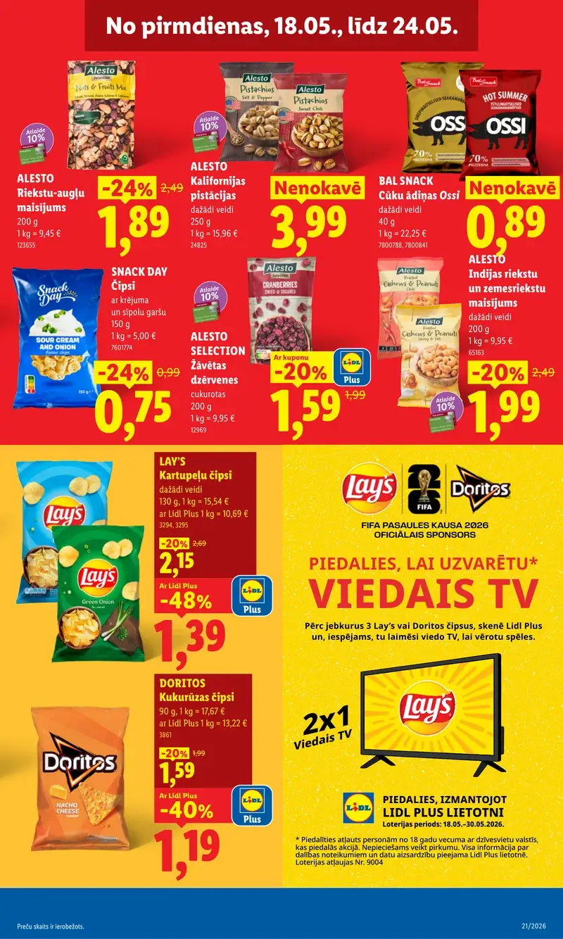 Lidl čipsu un uzkodu akcijas ar Lay's, Doritos un pistācijām