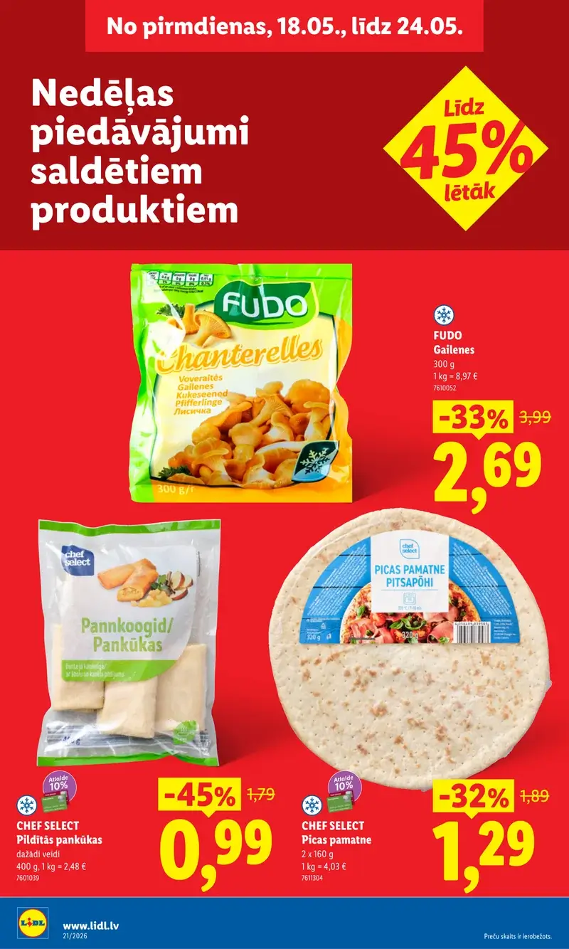 Lidl saldēto produktu akcijas ar pankūkām, picu pamatnēm un gailenēm