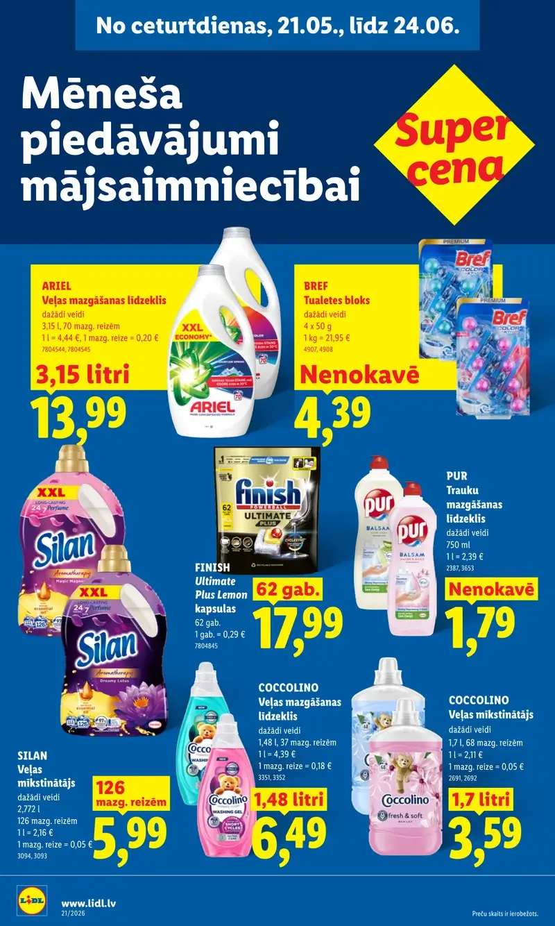 Lidl sadzīves ķīmijas akcijas ar Ariel, Coccolino un Finish produktiem