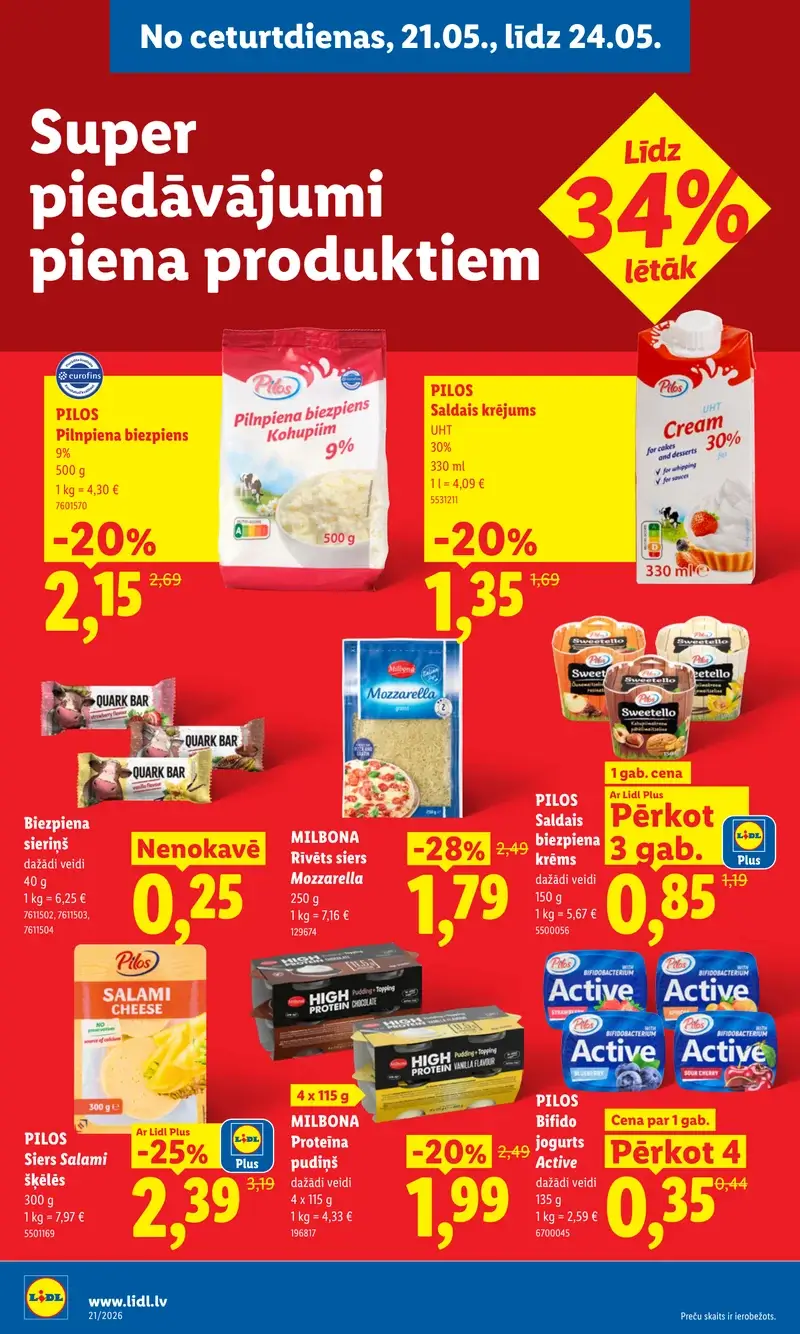 Lidl piena produktu akcijas ar biezpienu, sieru un proteīna pudiņiem