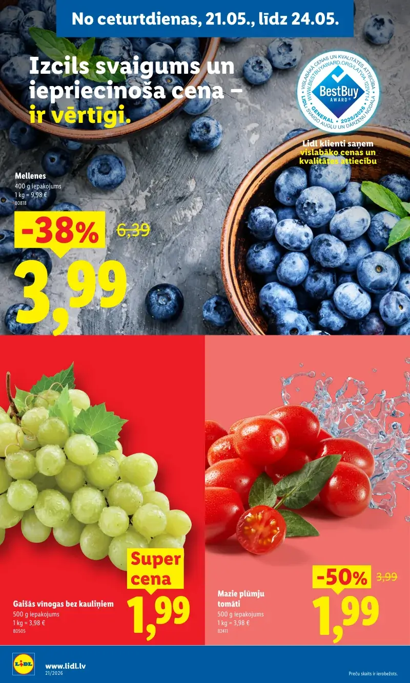 Lidl akcijas ar plūmju tomātiem, mellenēm un gaišajām vīnogām