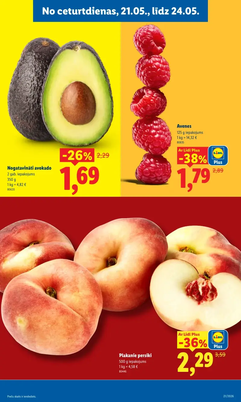 Lidl augļu akcijas ar avenēm, avokado un plakanajiem persikiem