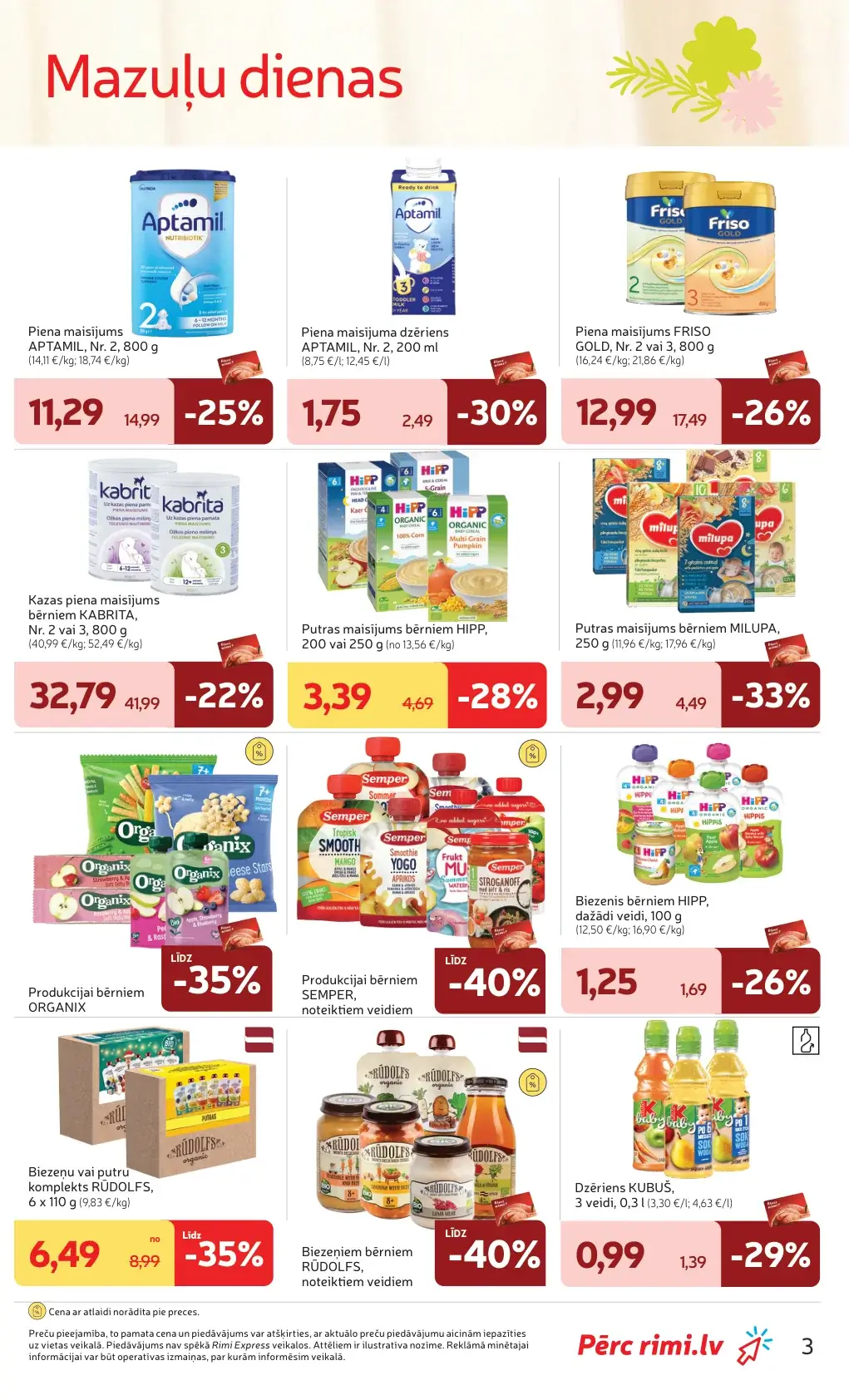 Rimi Mazuļu dienas ar Aptamil, Friso, Kabrita, Hipp, Milupa un Rūdolfs bērnu pārtiku