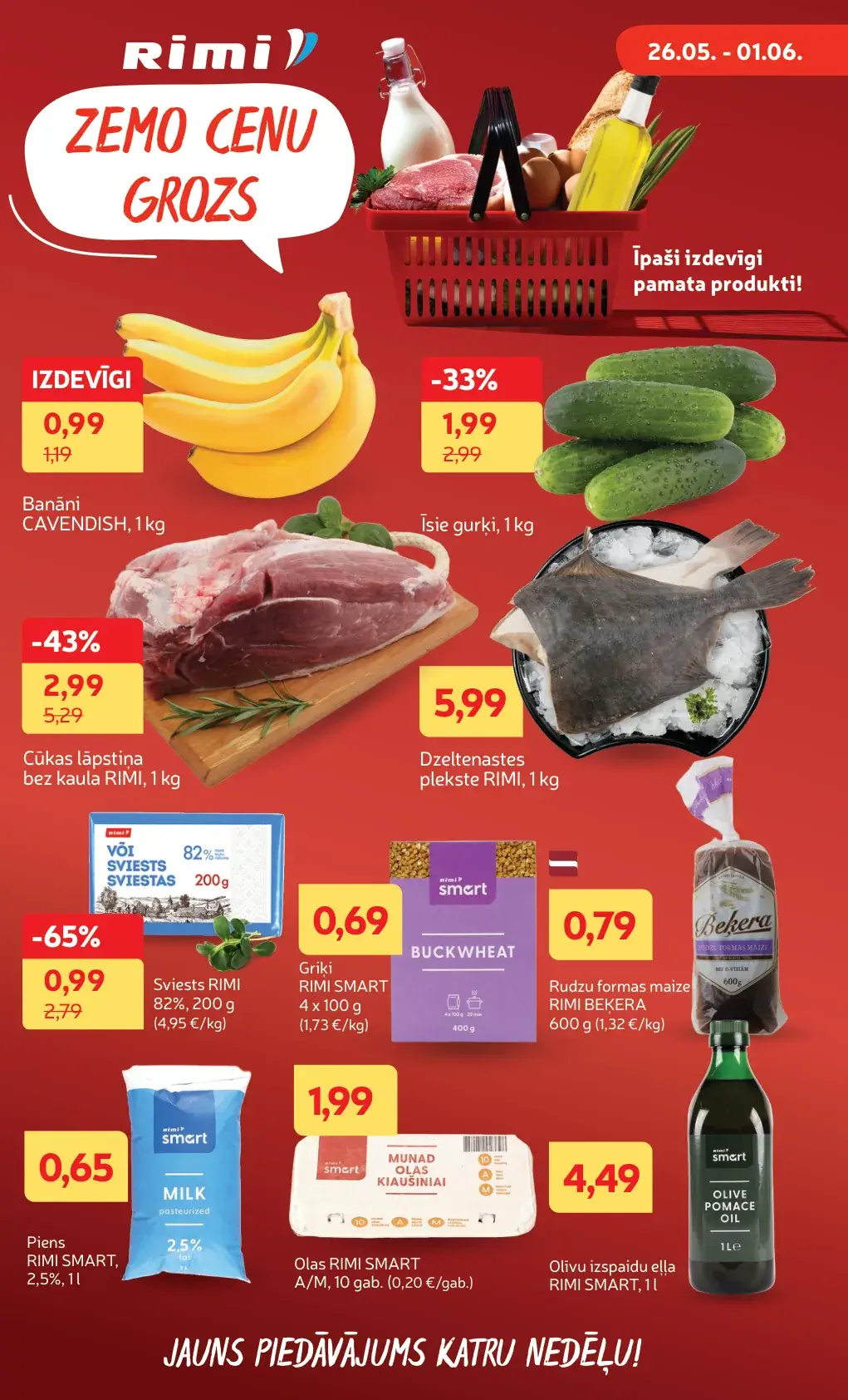 Rimi zemo cenu grozs ar banāniem, gurķiem, cūkas lāpstiņu, sviestu, pienu, olām un griķiem