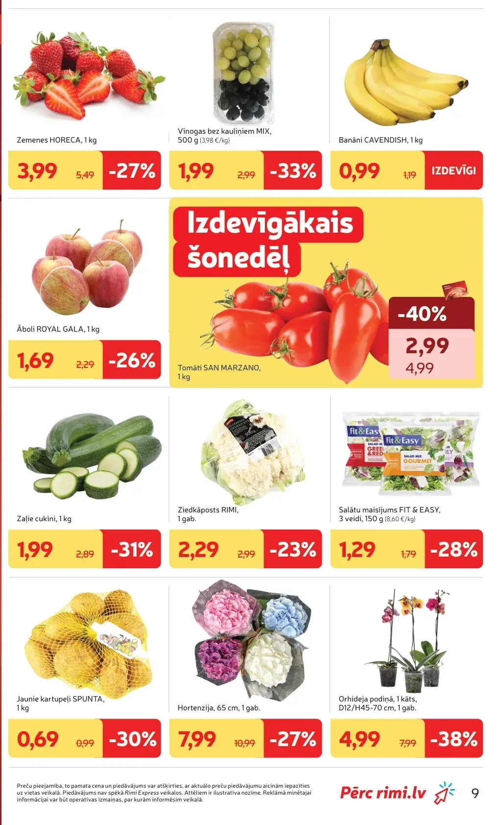 Rimi augļu un dārzeņu akcijas ar zemenēm, vīnogām, banāniem, āboliem, tomātiem un cukīni