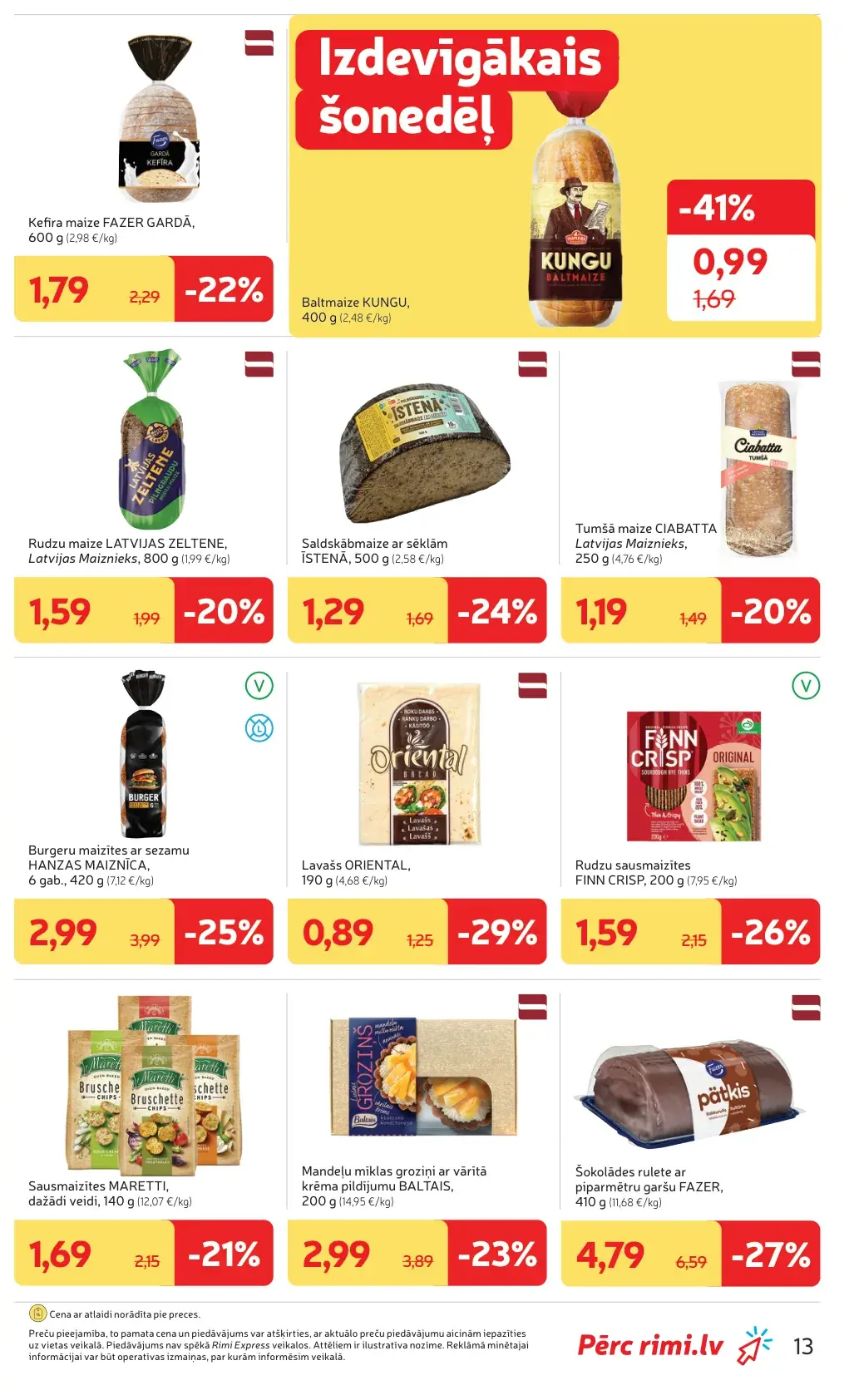 Rimi maizes un konditorejas akcijas ar kefīra maizi, baltmaizi, lavašu, burgeru maizītēm un šokolādes ruleti
