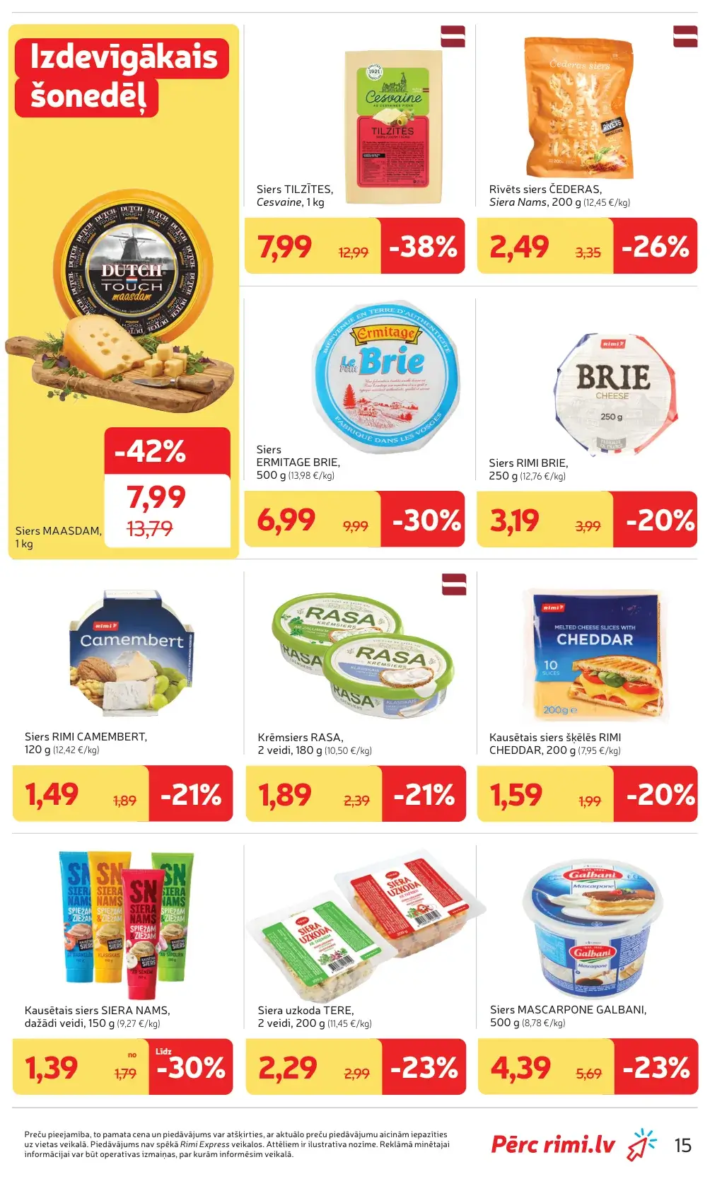 Rimi siera akcijas ar Maasdam, Tilzītes, Brie, Camembert, Rasa un Siera Nams produktiem