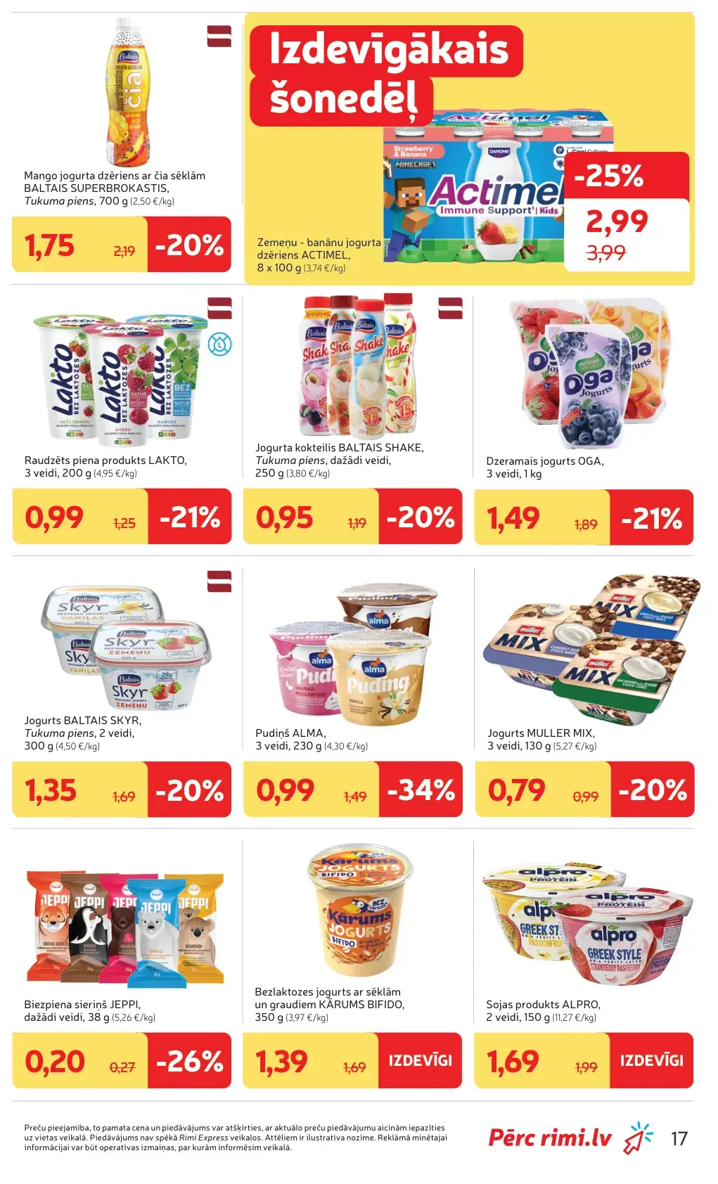 Rimi jogurtu un piena desertu akcijas ar Actimel, Lakto, Skyr, Jeppi un Alpro produktiem