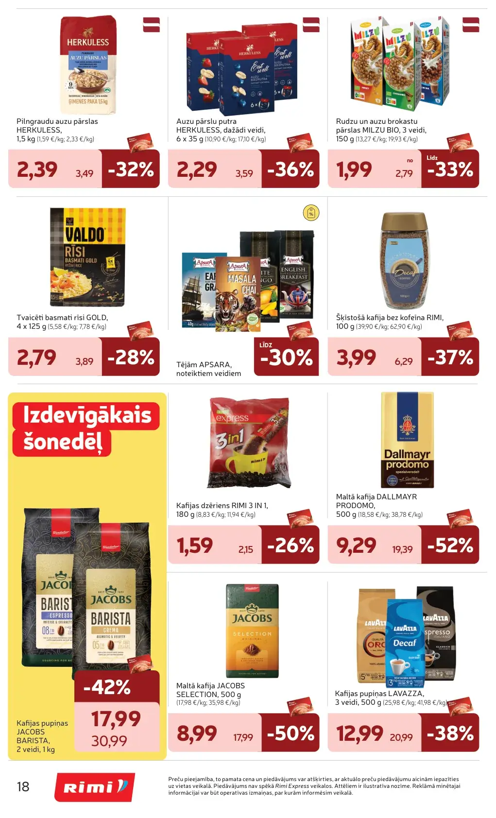 Rimi kafijas, tējas, auzu pārslu un rīsu akcijas ar Jacobs, Dallmayr un Lavazza produktiem
