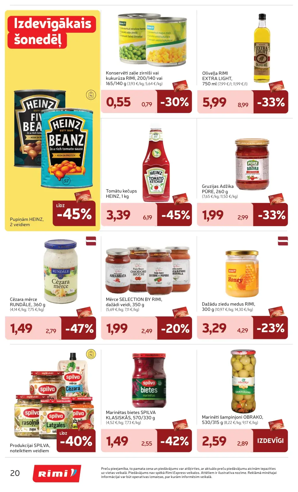 Rimi mērču, konservu un eļļas akcijas ar Heinz, Spilva, Rimi olīveļļu, medu un marinētām bietēm