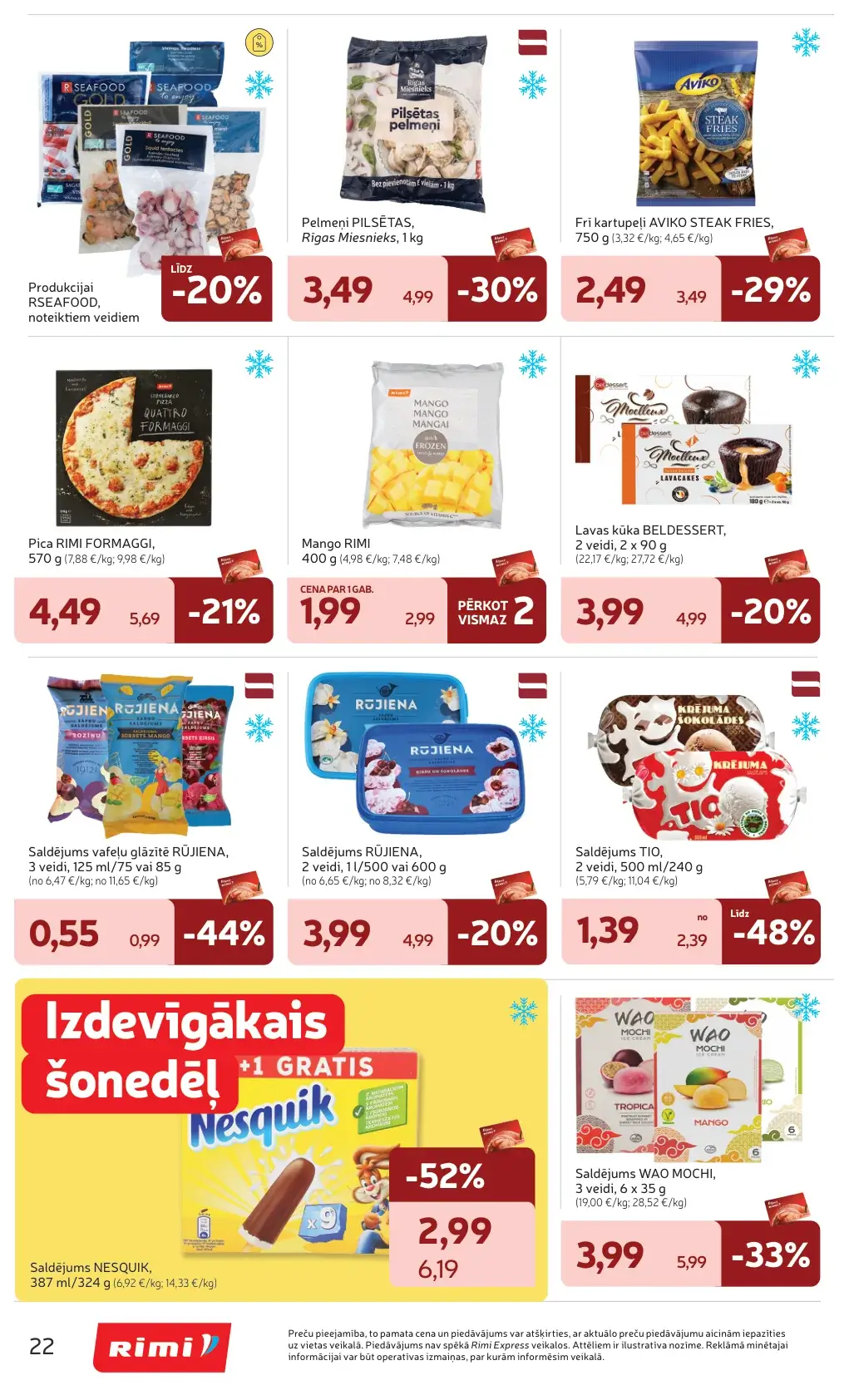 Rimi saldēto produktu un saldējuma akcijas ar pelmeņiem, frī kartupeļiem, picu, mango un Rūjiena saldējumu
