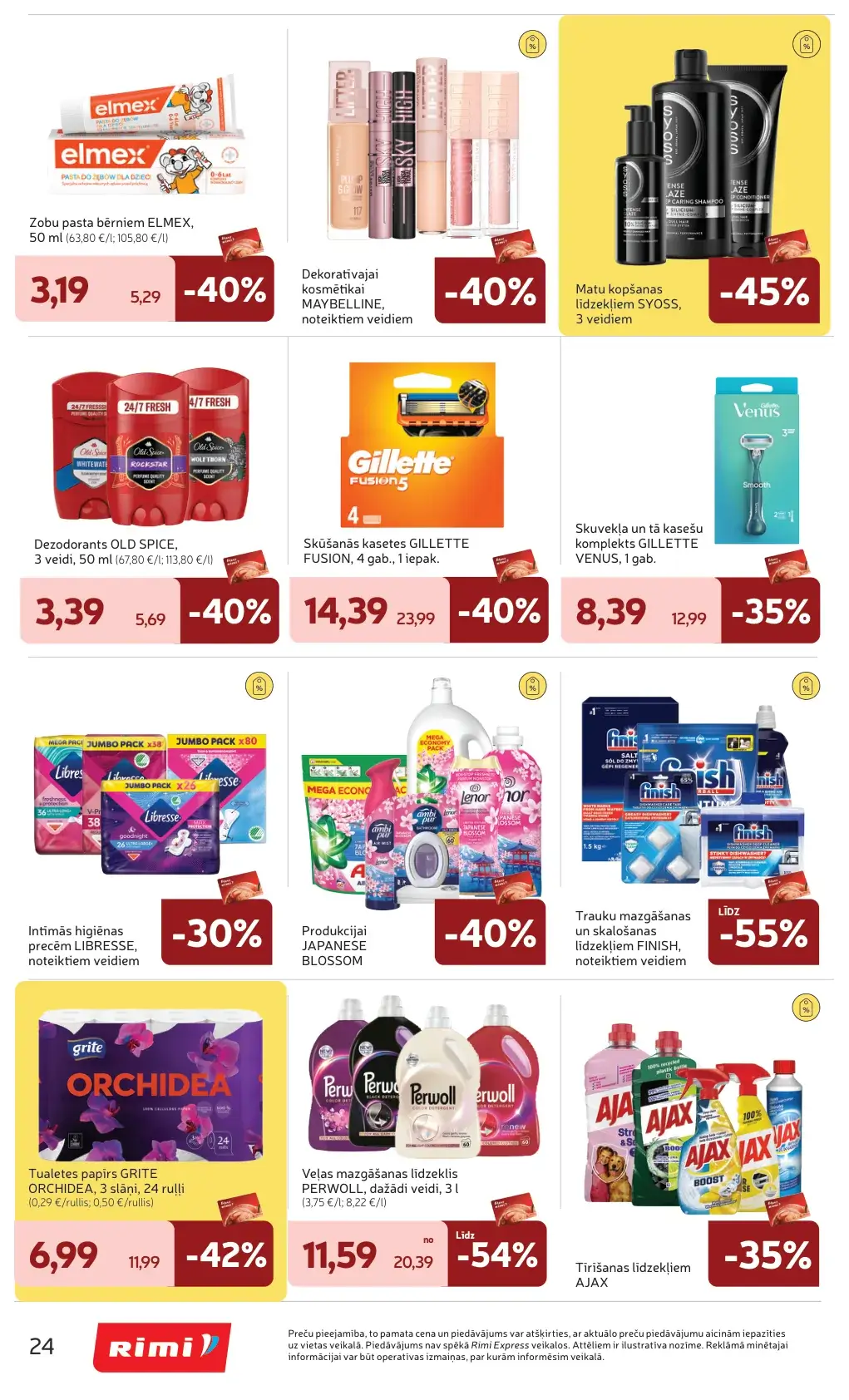 Rimi higiēnas un sadzīves ķīmijas akcijas ar Syoss, Elmex, Gillette, Maybelline, Finish, Grite un Perwoll