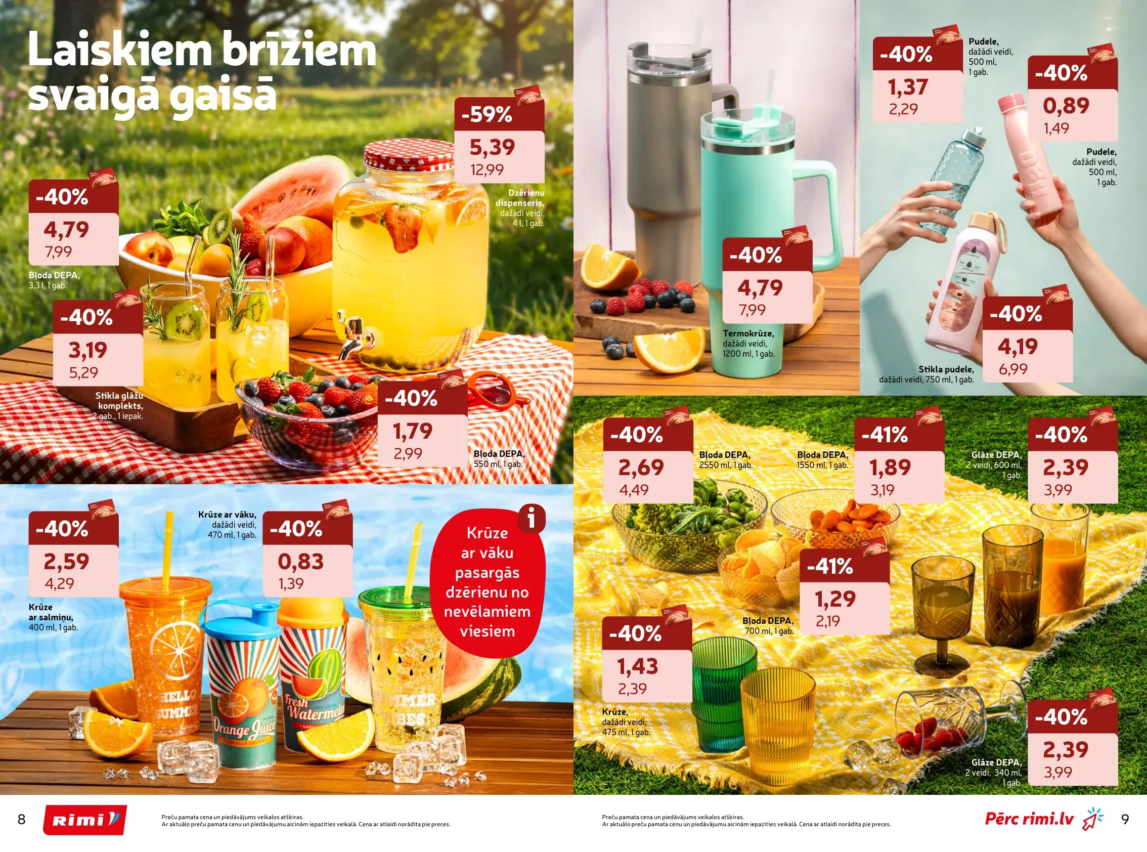 Rimi piknika trauku akcijas ar dzērienu dispenseriem, krūzēm, glāzēm un bļodām