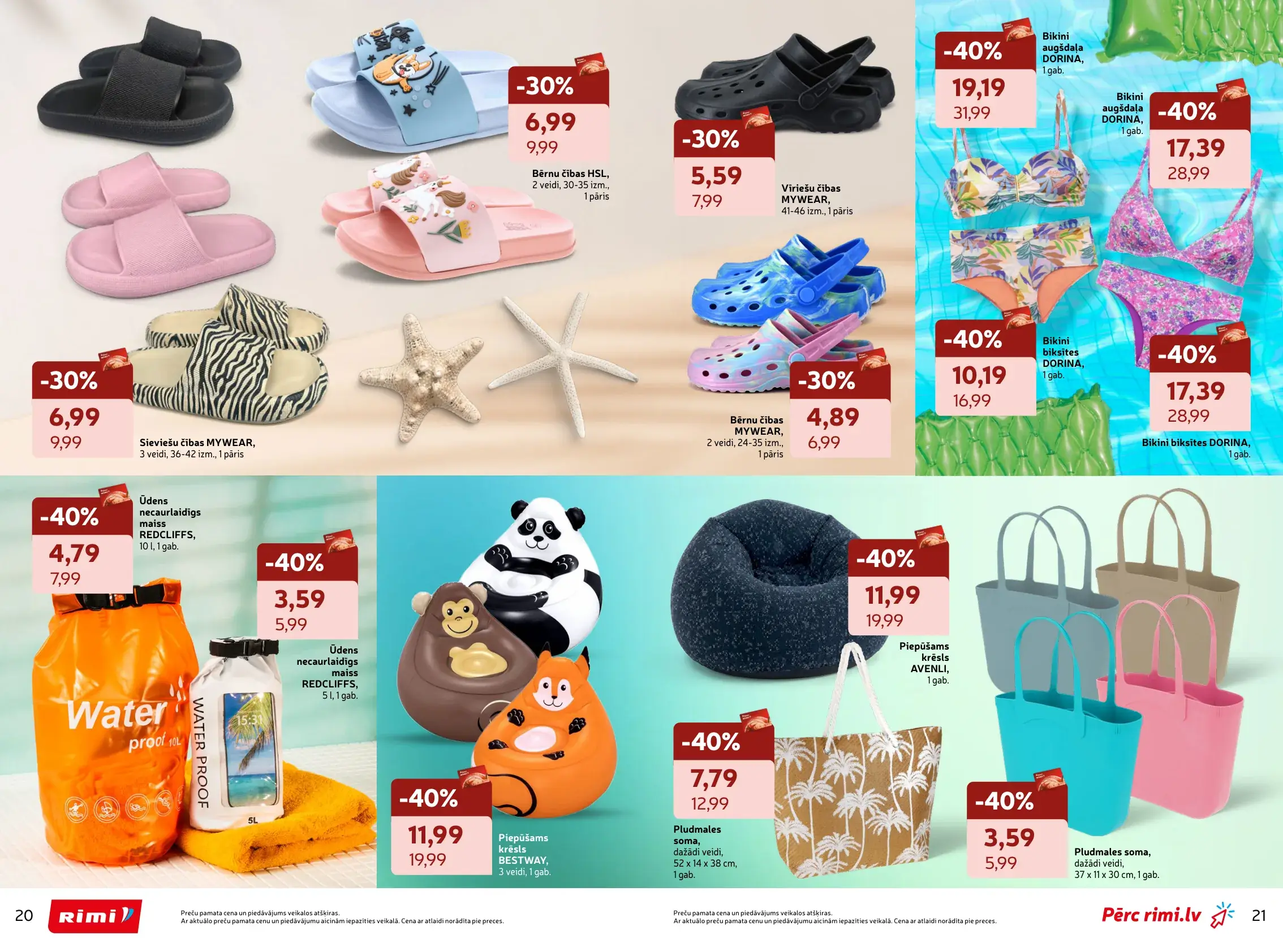 Rimi pludmales somu, čību, ūdensnecaurlaidīgu maisu un piepūšamo krēslu akcijas