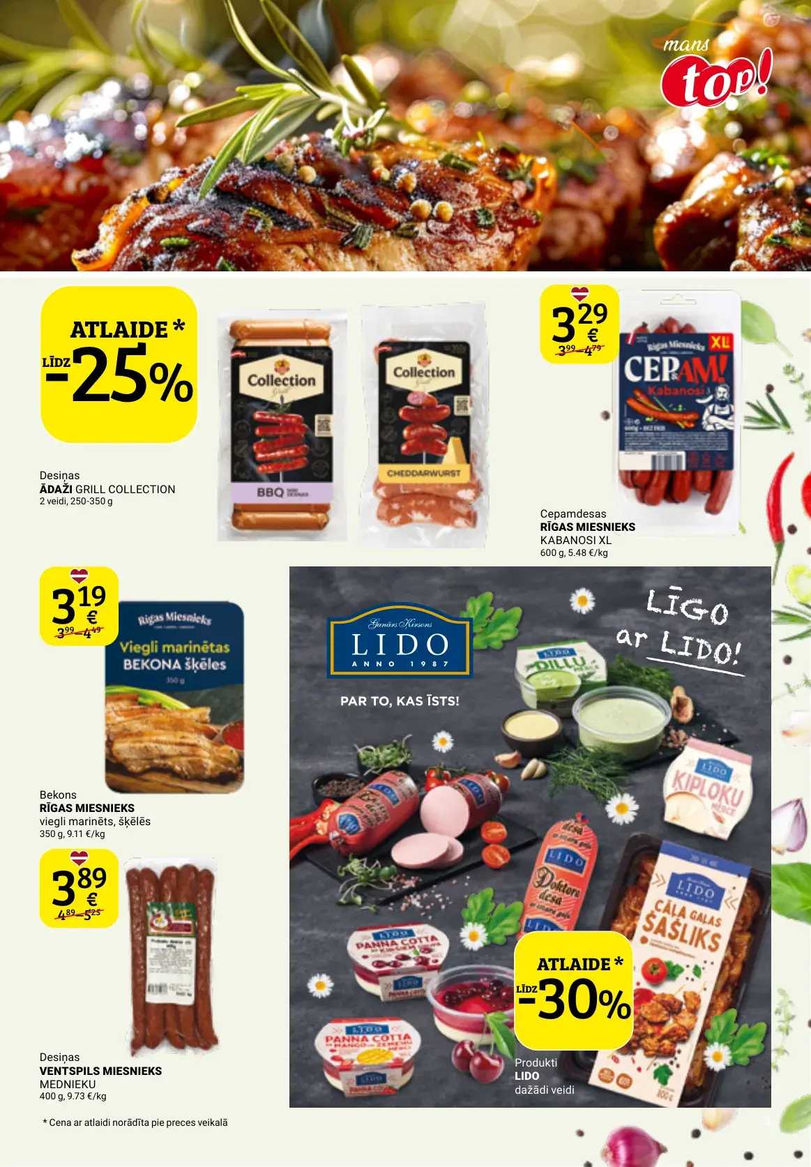 top! gaļas un desiņu akcijas ar Ādaži, Rīgas Miesnieks, Lido un Ventspils Miesnieks produktiem