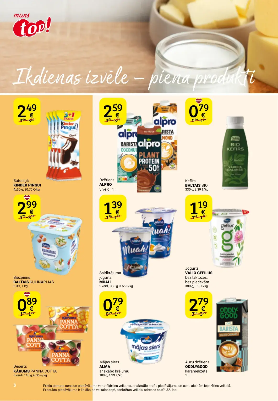 top! piena produktu akcijas ar kefīru, biezpienu, jogurtiem, desertiem un augu dzērieniem