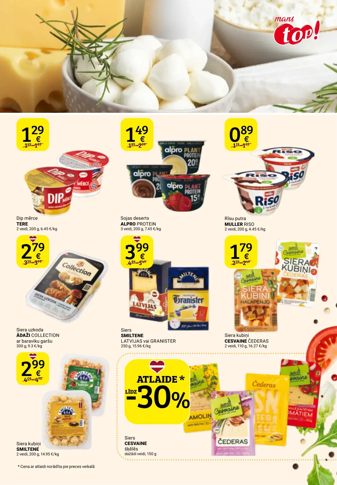 top! siera produktu akcijas ar Ādaži, Smiltene un Cesvaine sieriem