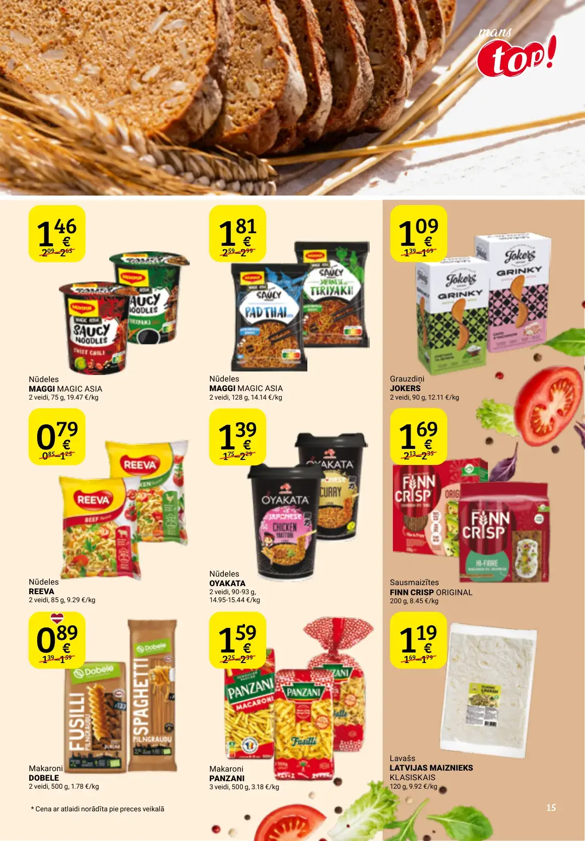 top! makaronu, nūdeļu, lavaša un sausmaizīšu akcijas
