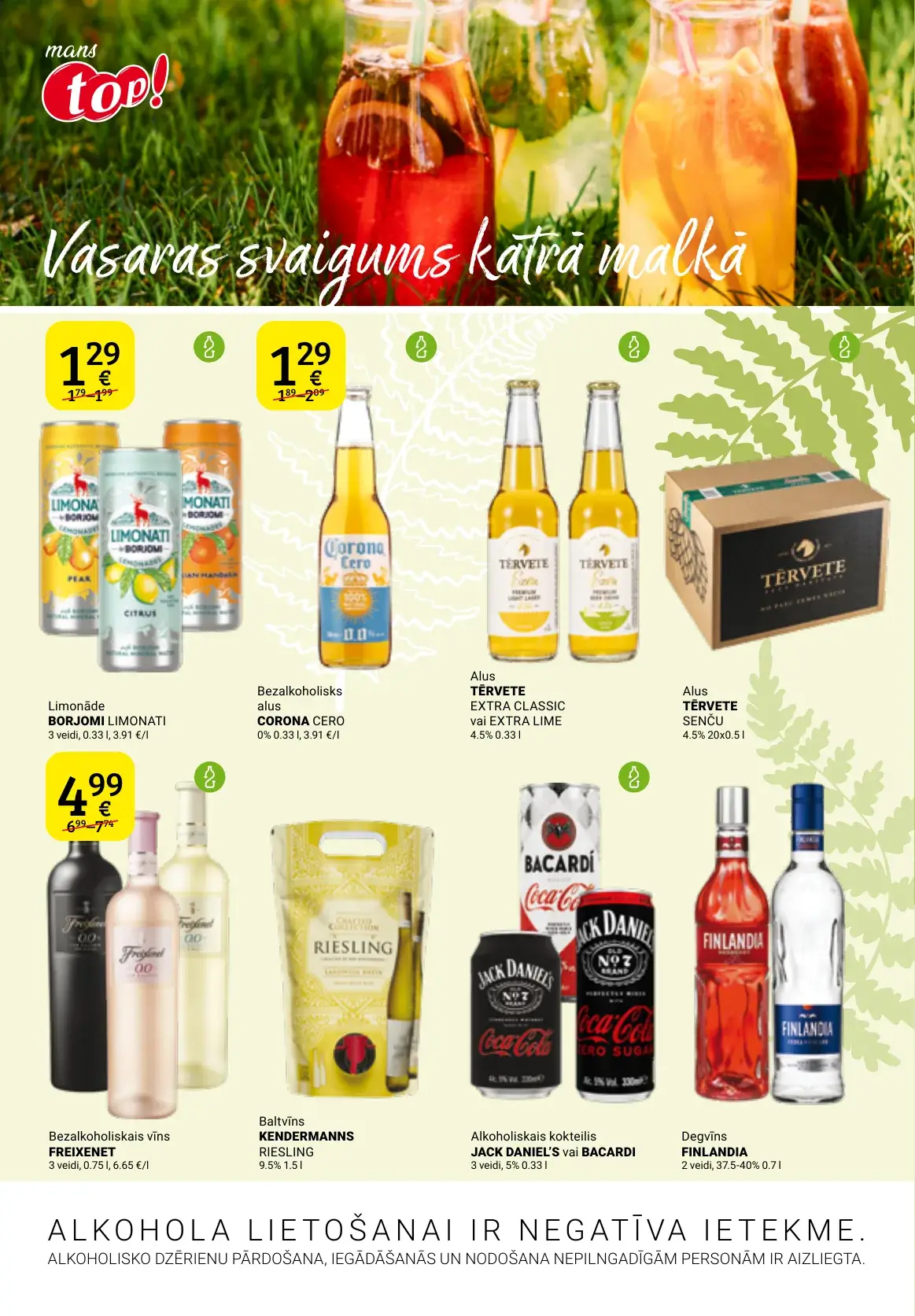 top! vasaras dzērienu akcijas ar limonādēm, bezalkoholisko alu, vīnu, kokteiļiem un degvīnu