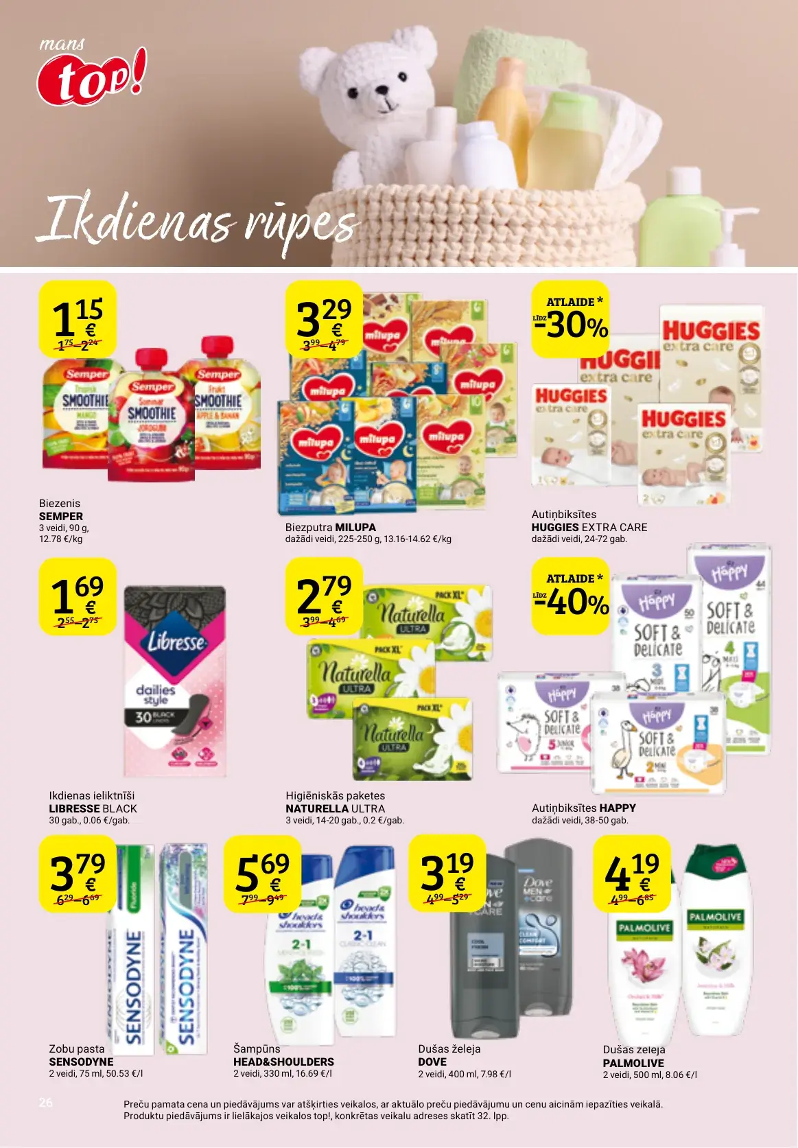 top! bērnu un higiēnas preču akcijas ar Semper, Milupa, Huggies, Libresse, Sensodyne un Dove