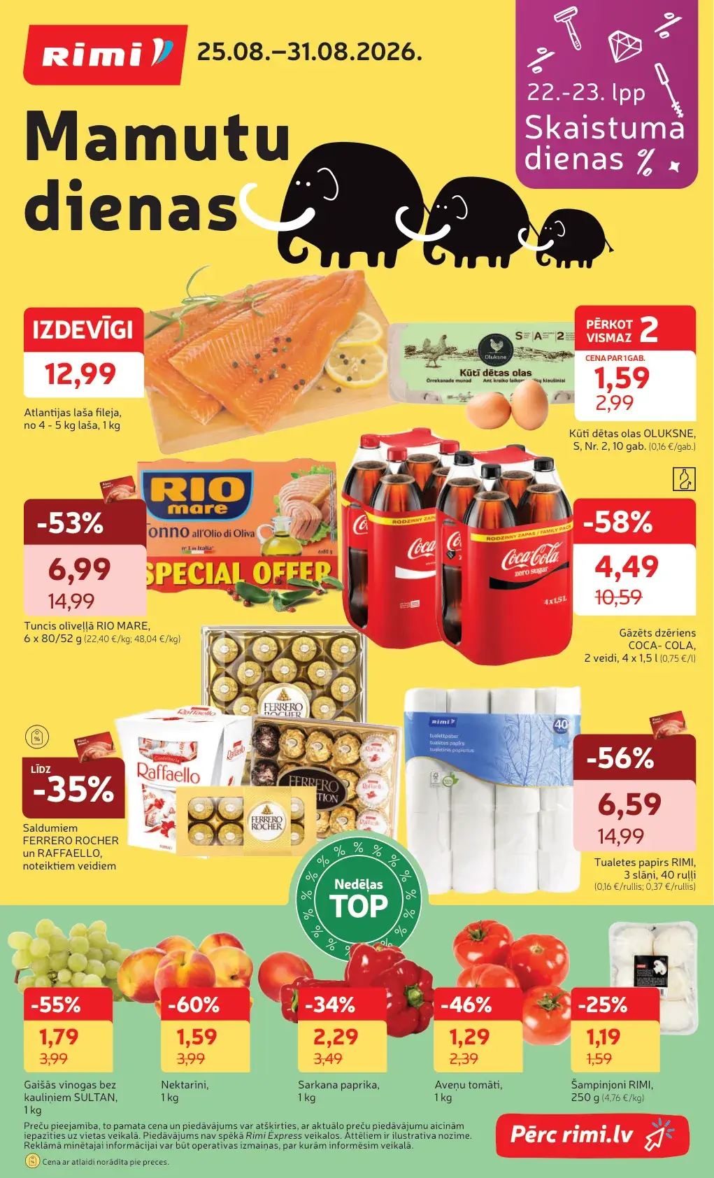Rimi akcijas buklets 25.08.–31.08.2026. Mamutu dienas ar laša, Coca-Cola, Rio Mare un Rimi akcijām