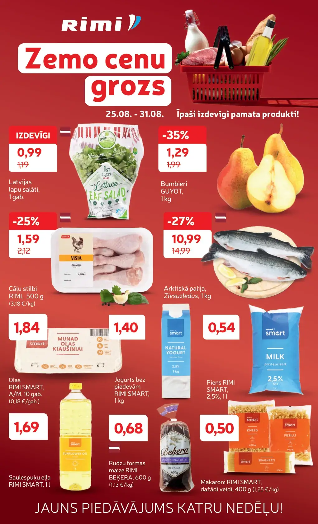 Rimi Zemo cenu grozs ar pienu, olām, maizi, makaroniem, eļļu un zivīm