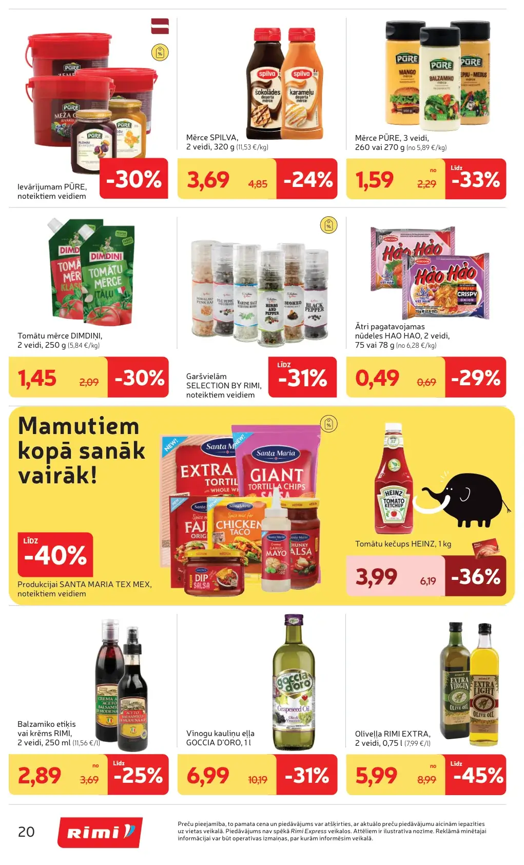 Rimi mērču, eļļas un konservu akcijas ar Heinz, Spilva, Pūre, Rimi olīveļļu un Santa Maria