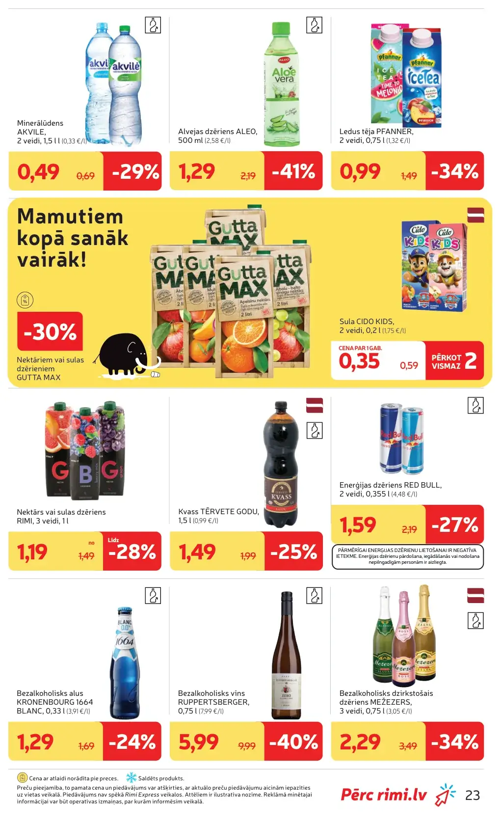Rimi dzērienu akcijas ar Akvile, Pfanner, Gutta Max, Red Bull, Tērvete un bezalkoholisko vīnu