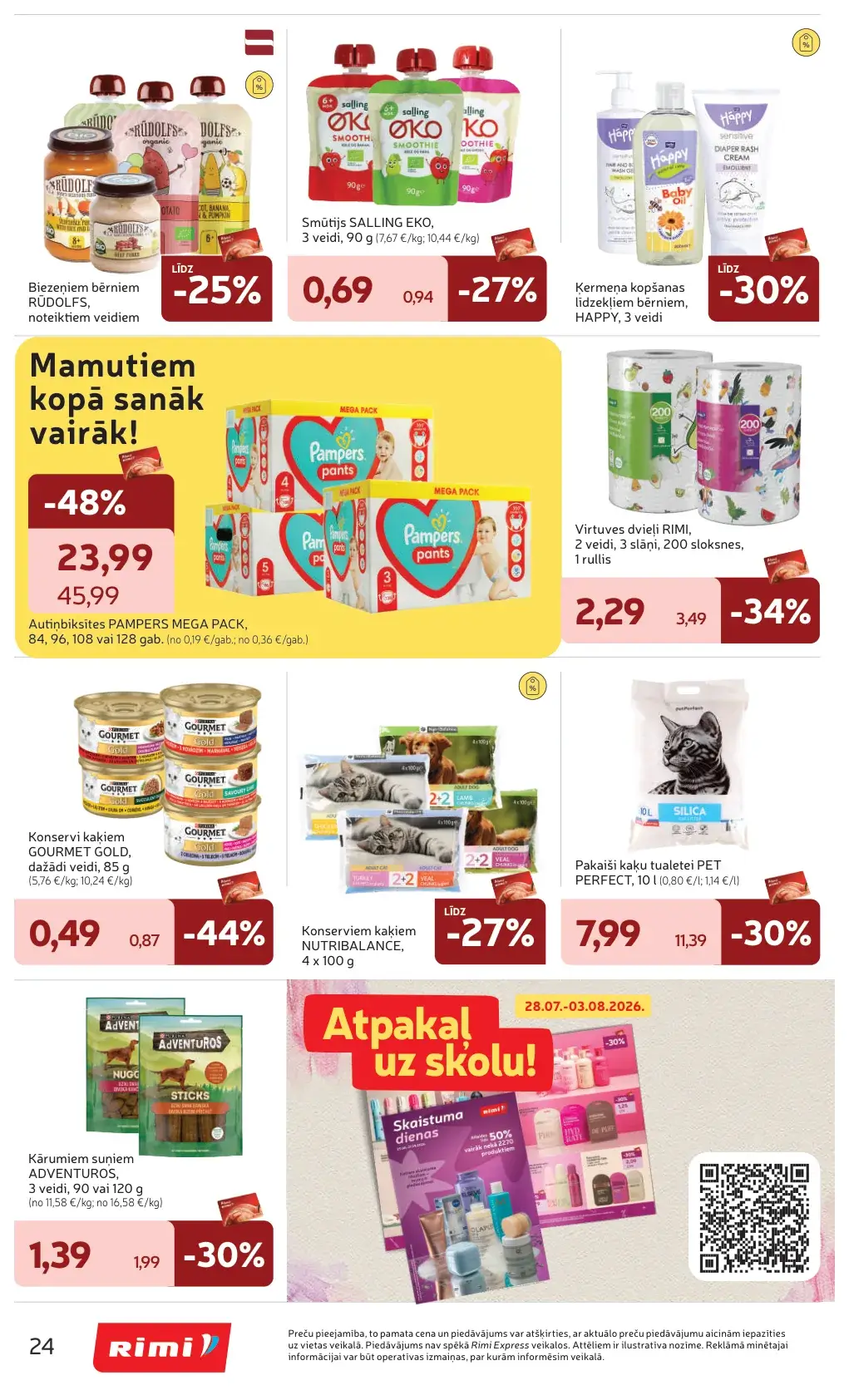 Rimi bērnu un mājdzīvnieku preču akcijas ar Pampers, Rūdolfs, Gourmet Gold un Pet Perfect