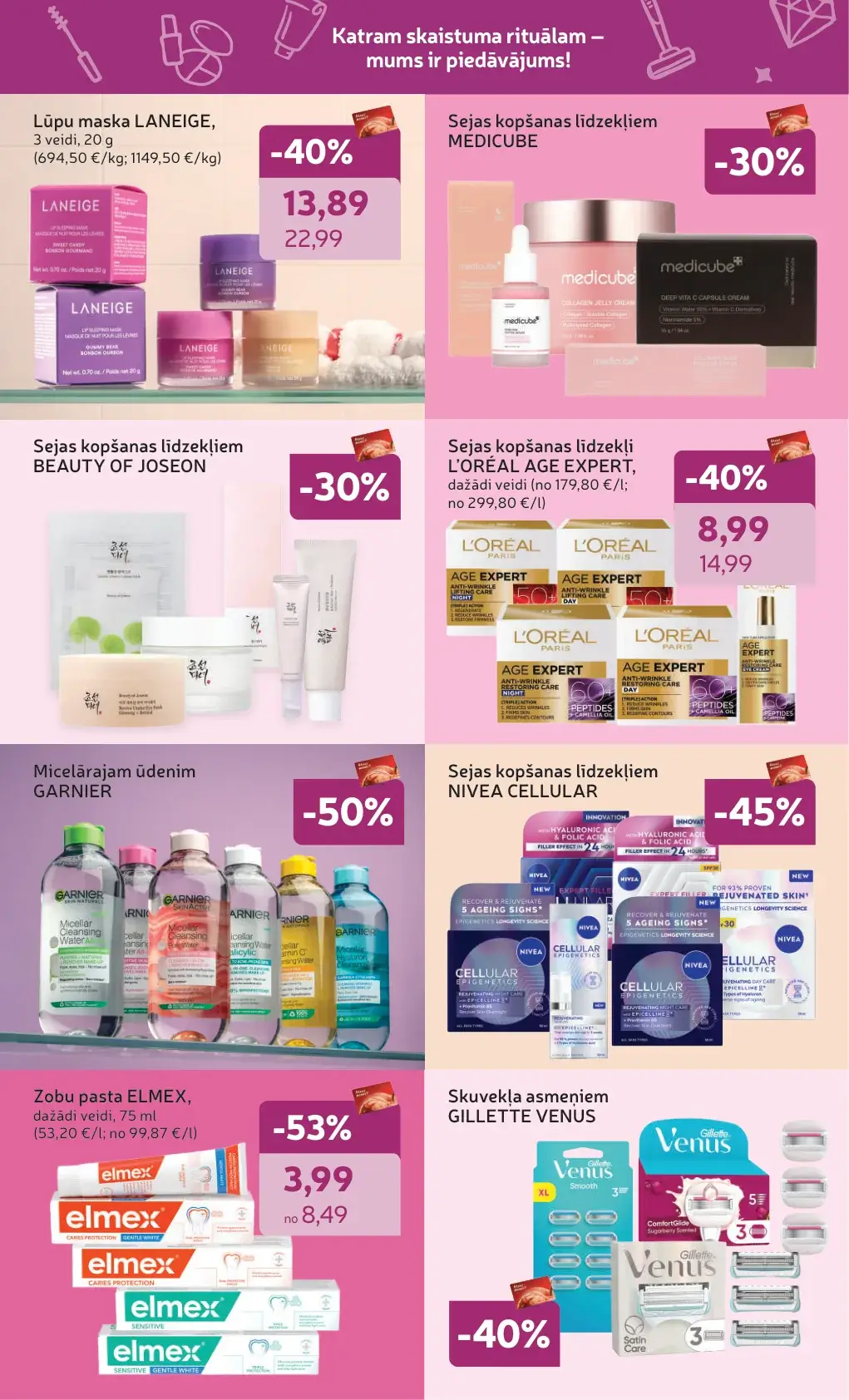 Rimi Skaistuma dienas ar Laneige, Medicube, Beauty of Joseon, Garnier, Nivea un Elmex