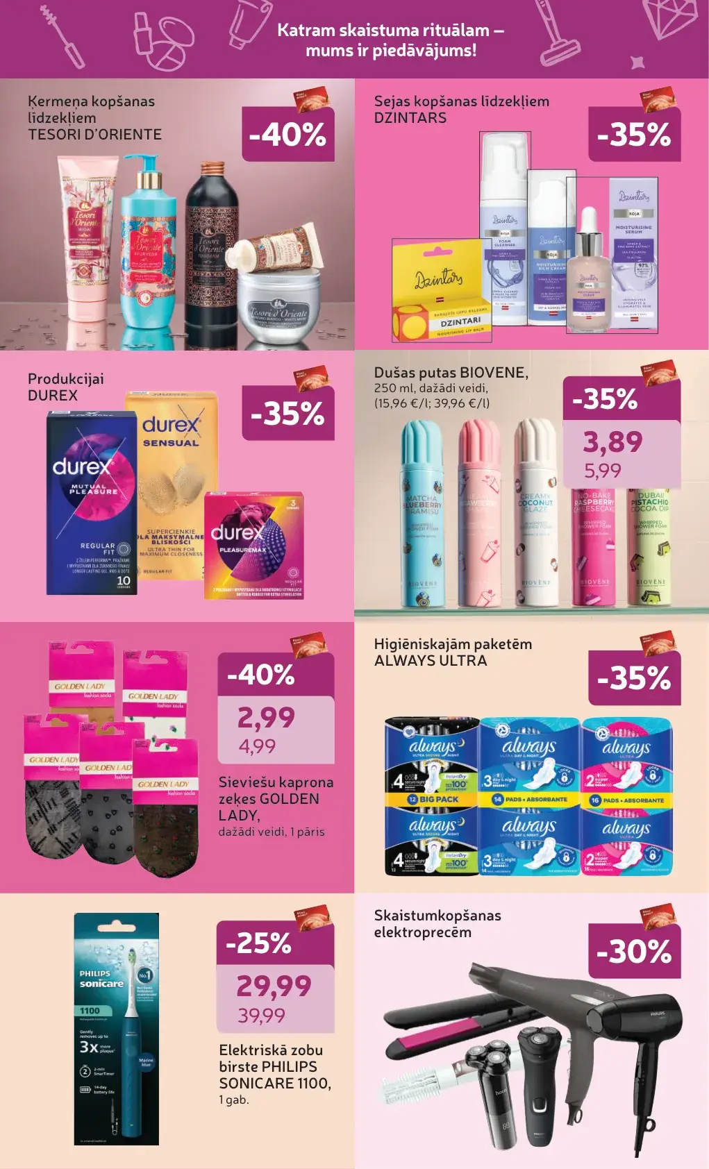 Rimi Skaistuma dienas ar Dzintars, Tesori d'Oriente, Durex, Always un Philips Sonicare