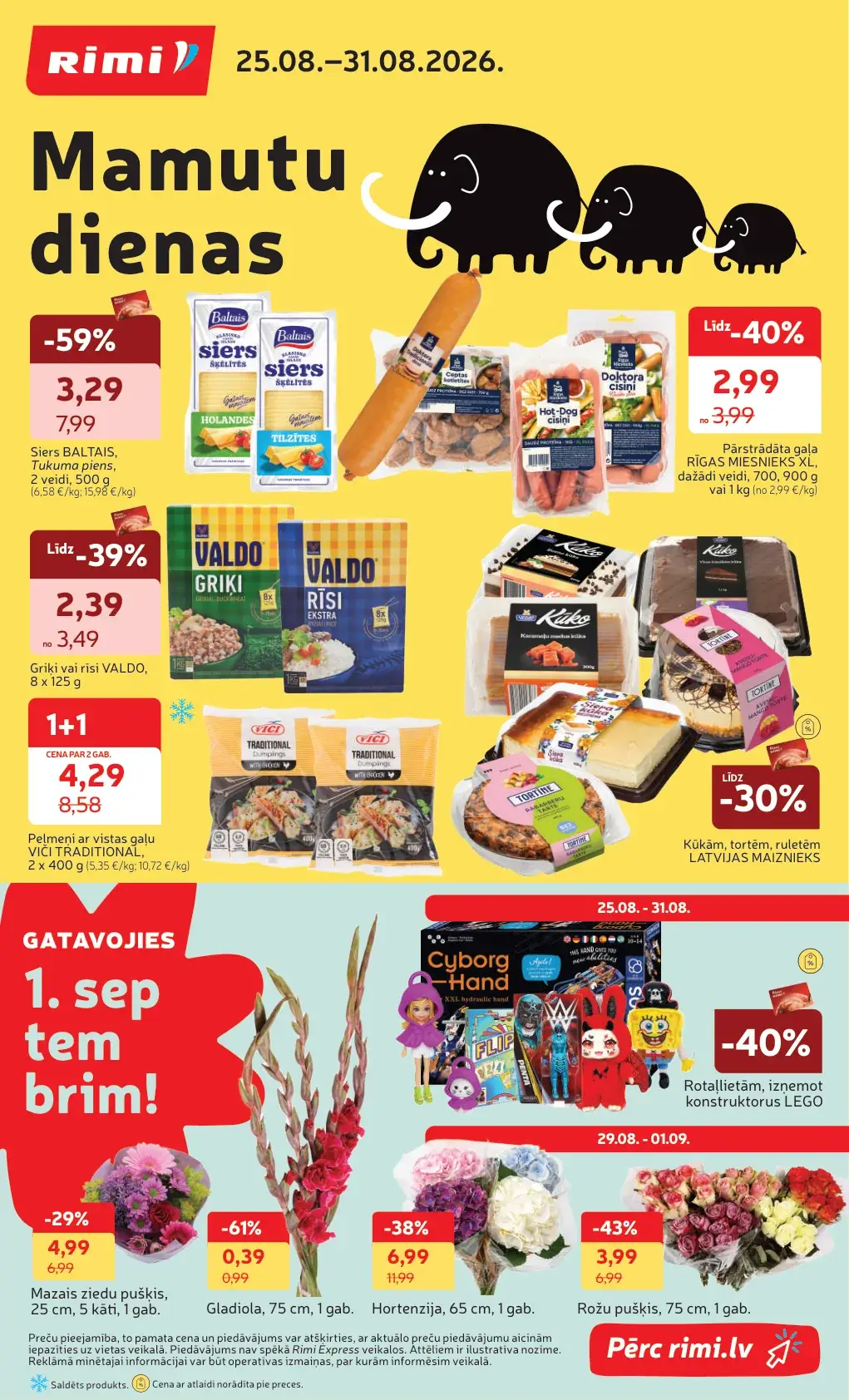Rimi Mamutu dienu noslēguma piedāvājumi ar Baltais sieru, Viči pelmeņiem, Valdo produktiem, gaļu un ziediem